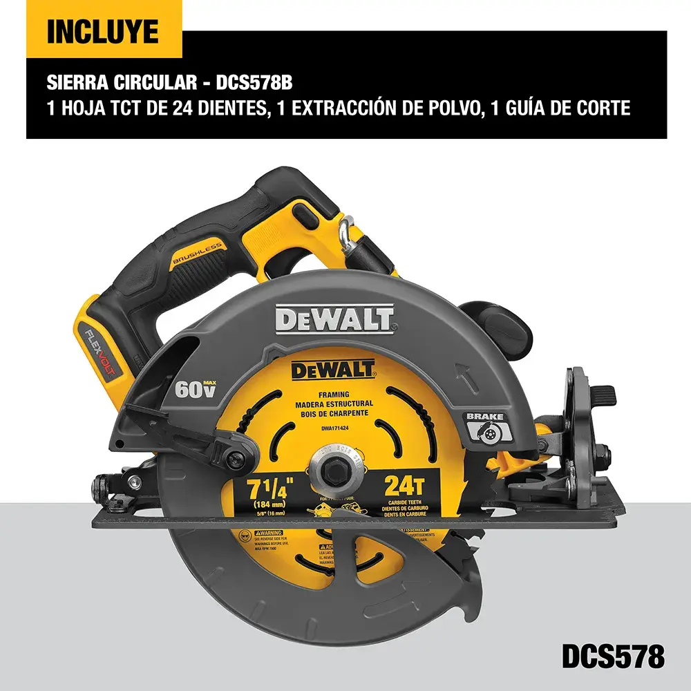 Sierra circular inalámbrica DEWALT DCS578B, mostrada con una hoja TCT de 7-1/4 pulgadas y 24 dientes, accesorio de extracción de polvo y guía de corte. El diseño de la sierra es negro y amarillo.