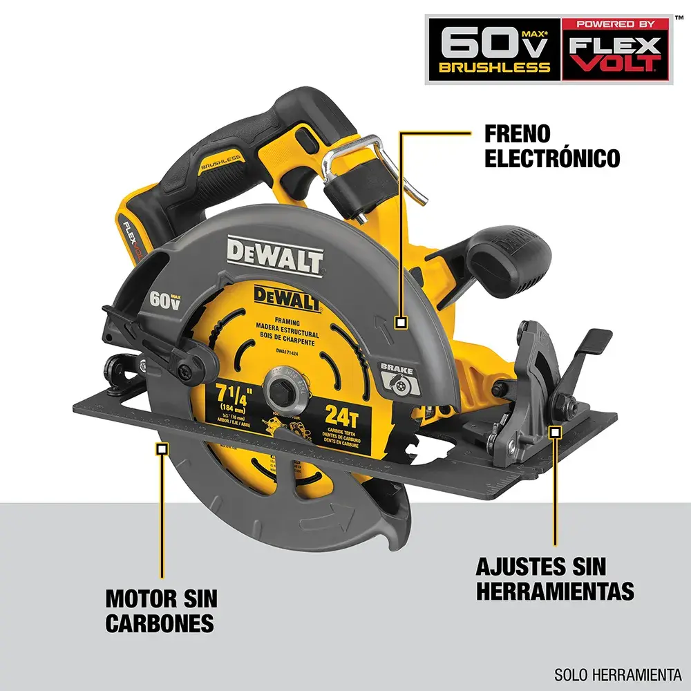 Imagen de una sierra circular inalámbrica DEWALT de 60V, modelo DCS578B, con motor sin carbones. Las características resaltadas incluyen freno electrónico, ajustes sin herramientas y motor sin carbono. El logotipo FLEXVOLT es visible en la esquina superior derecha.