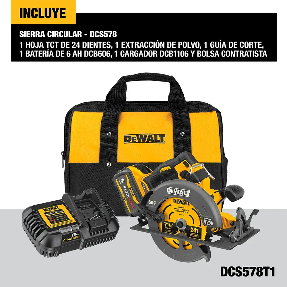 Imagen de un kit de sierra circular DEWALT DCS578T1. El kit incluye una bolsa contratista DEWALT amarilla y negra, una sierra circular DEWALT con hoja de 24 dientes, una batería, un cargador y un accesorio de extracción de polvo. Los componentes del kit se muestran juntos sobre un fondo blanco y gris.