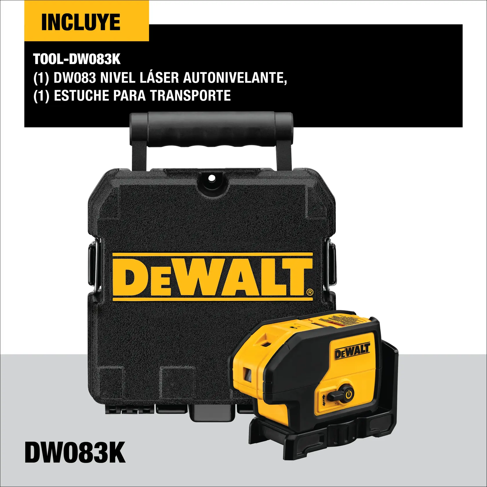 Imagen del producto DEWALT DW083K, mostrando un nivel láser autonivelante y un estuche negro para transporte con el logo amarillo de DEWALT. Los elementos incluidos se detallan en español: (1) nivel láser autonivelante DW083 y (1) estuche para transporte.