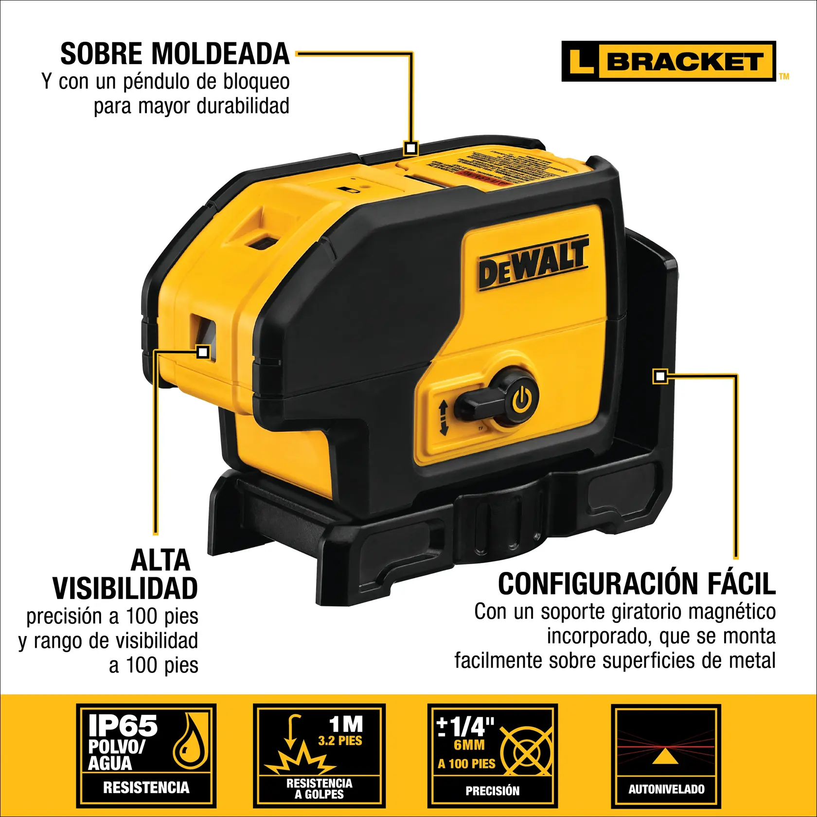 Imagen de un nivel láser DEWALT DW083K en colores amarillo y negro. Se destacan características principales como diseño sobre moldeada con péndulo de bloqueo para mayor durabilidad, alta visibilidad con precisión y rango de hasta 100 pies, configuración fácil con soporte giratorio magnético incorporado para montar sobre superficies metálicas, resistencia IP65 al polvo y agua, resistencia a golpes de hasta 1 metro, precisión de marcado de 1/4 pulgada a 100 pies, y función de autonivelado.