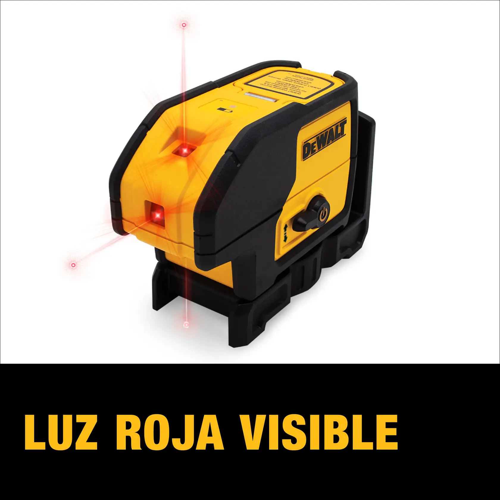 Un nivel láser amarillo y negro DEWALT emite haces de luz láser roja visible. Las palabras 'Luz Roja Visible' aparecen en letras amarillas grandes debajo.