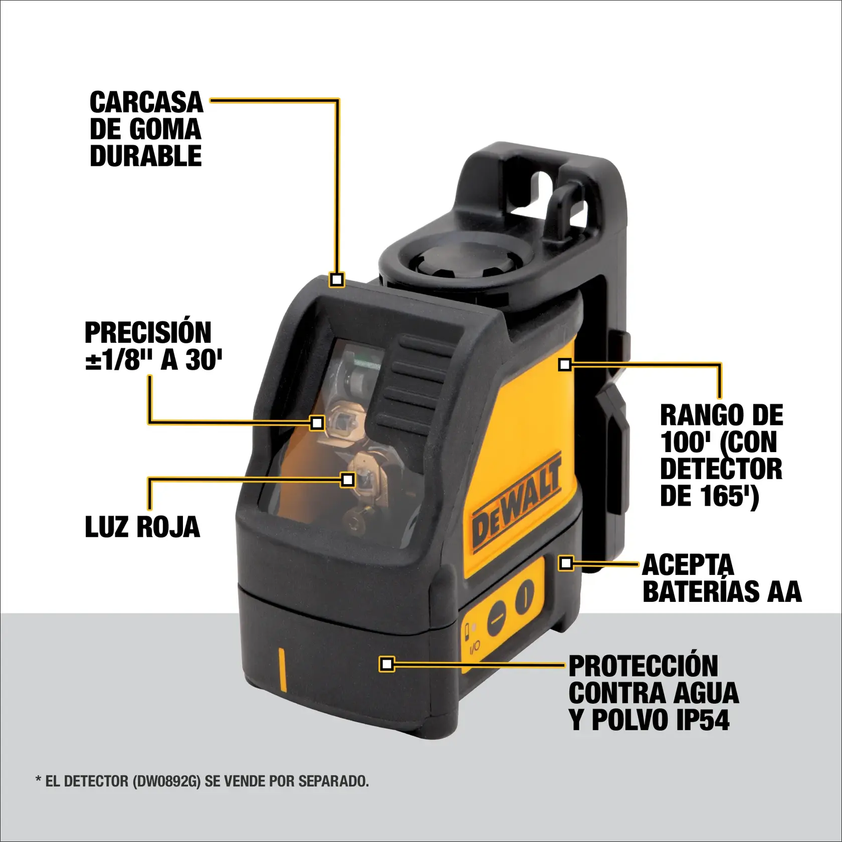 Imagen de un nivel láser DEWALT DW088K. Los elementos destacados incluyen: carcasa de goma durable, precisión de ±1/8 pulgada a 30 pies, luz roja, rango de 100 pies (con detector hasta 165 pies), acepta baterías AA y protección IP54 contra agua y polvo. Nota: el detector DW0892G se vende por separado.