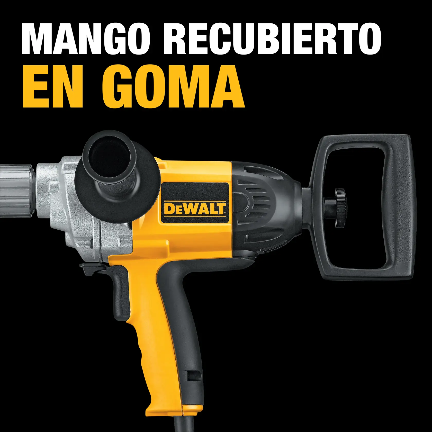 Imagen de una herramienta eléctrica DEWALT con mango recubierto en goma, con detalles en amarillo y negro. El texto en español sobre la herramienta dice 'MANGO RECUBIERTO EN GOMA'.