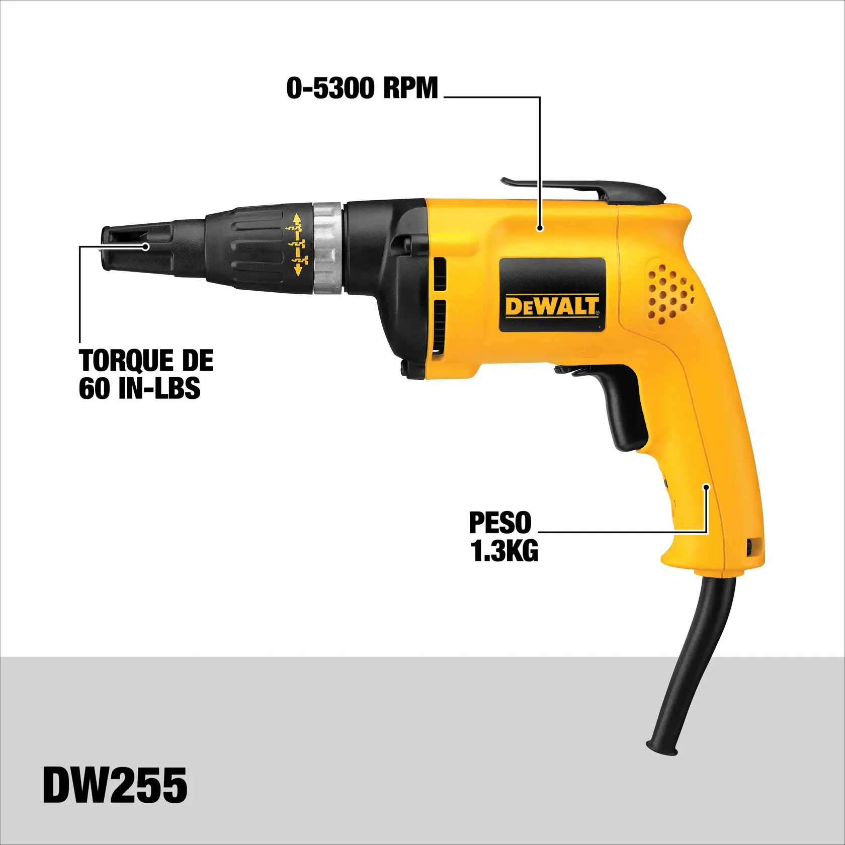 Imagen de una herramienta eléctrica DEWALT DW255 amarilla, específicamente un destornillador. La imagen destaca características clave: velocidad de 0-5300 RPM, torque de 60 in-lbs y peso de 1.3kg.