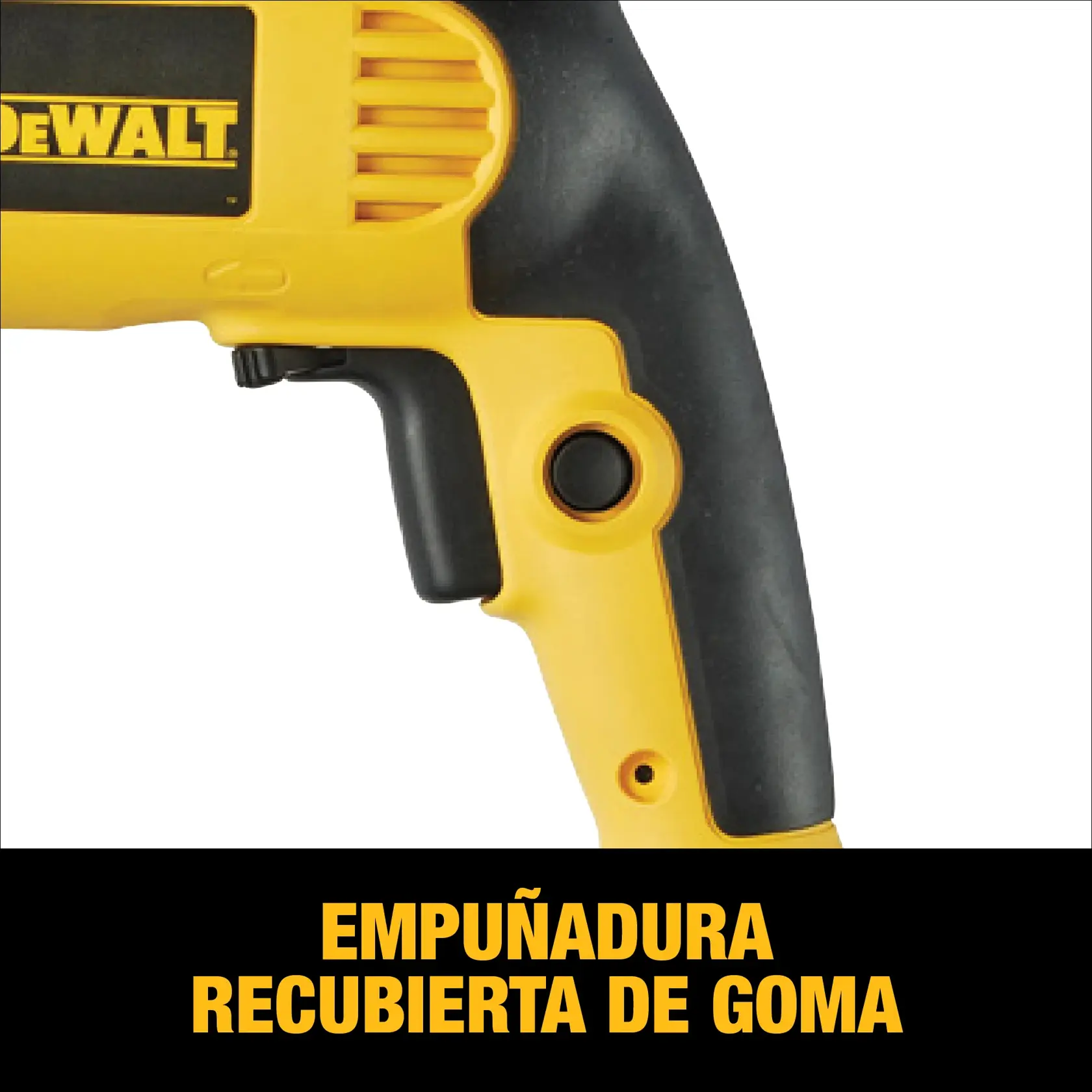 Imagen en primer plano del mango de un taladro eléctrico DEWALT amarillo y negro con empuñadura recubierta de goma. El texto en la parte inferior dice: 'Empuñadura recubierta de goma'.