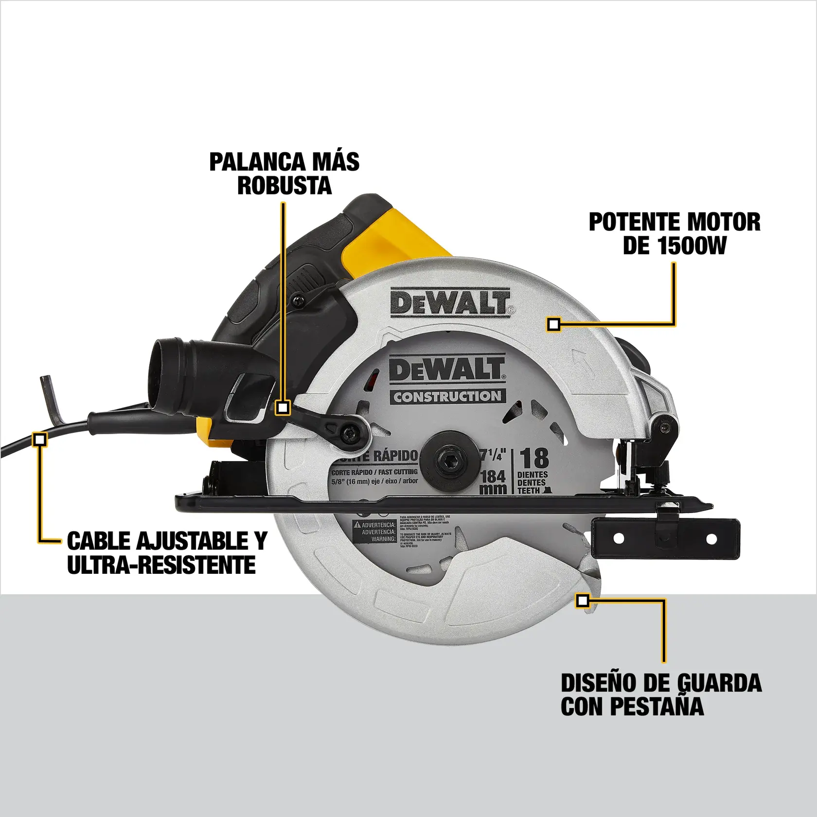 Sierra circular DEWALT DWE5615 con palanca robusta, motor de 1500W, cable resistente y diseño de guarda.