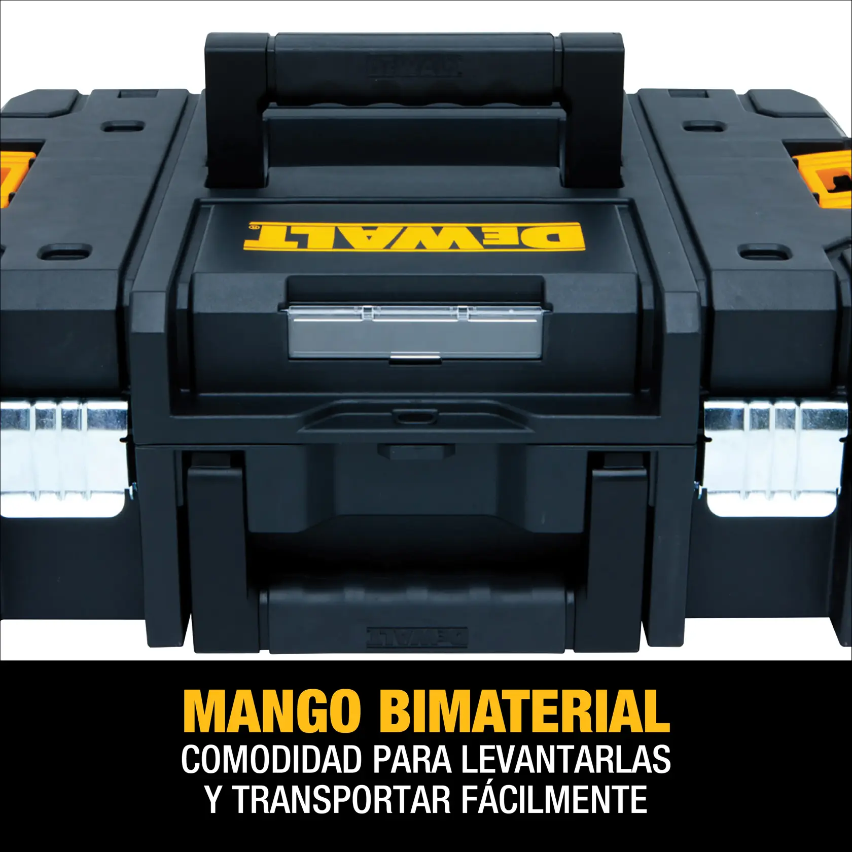 Caja de herramientas DEWALT TSTAK negra con detalles amarillos y asa resistente, con cierres metálicos para un cierre seguro.