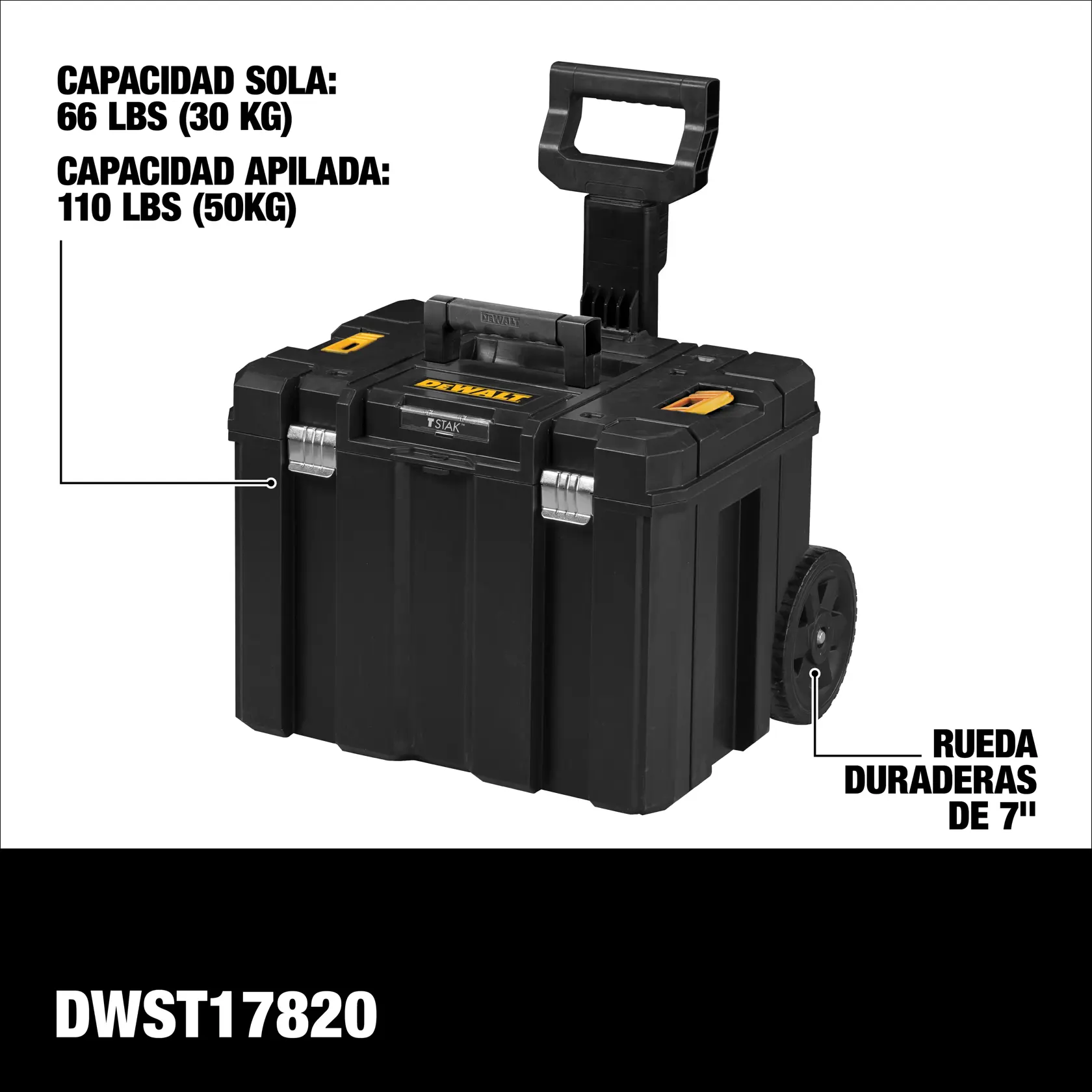Una persona arrastra una pila de cajas de herramientas negras DEWALT con detalles amarillos usando un mango telescópico de metal y plástico sobre una superficie exterior rugosa. El texto en la parte inferior destaca el mango telescópico para fácil transporte.