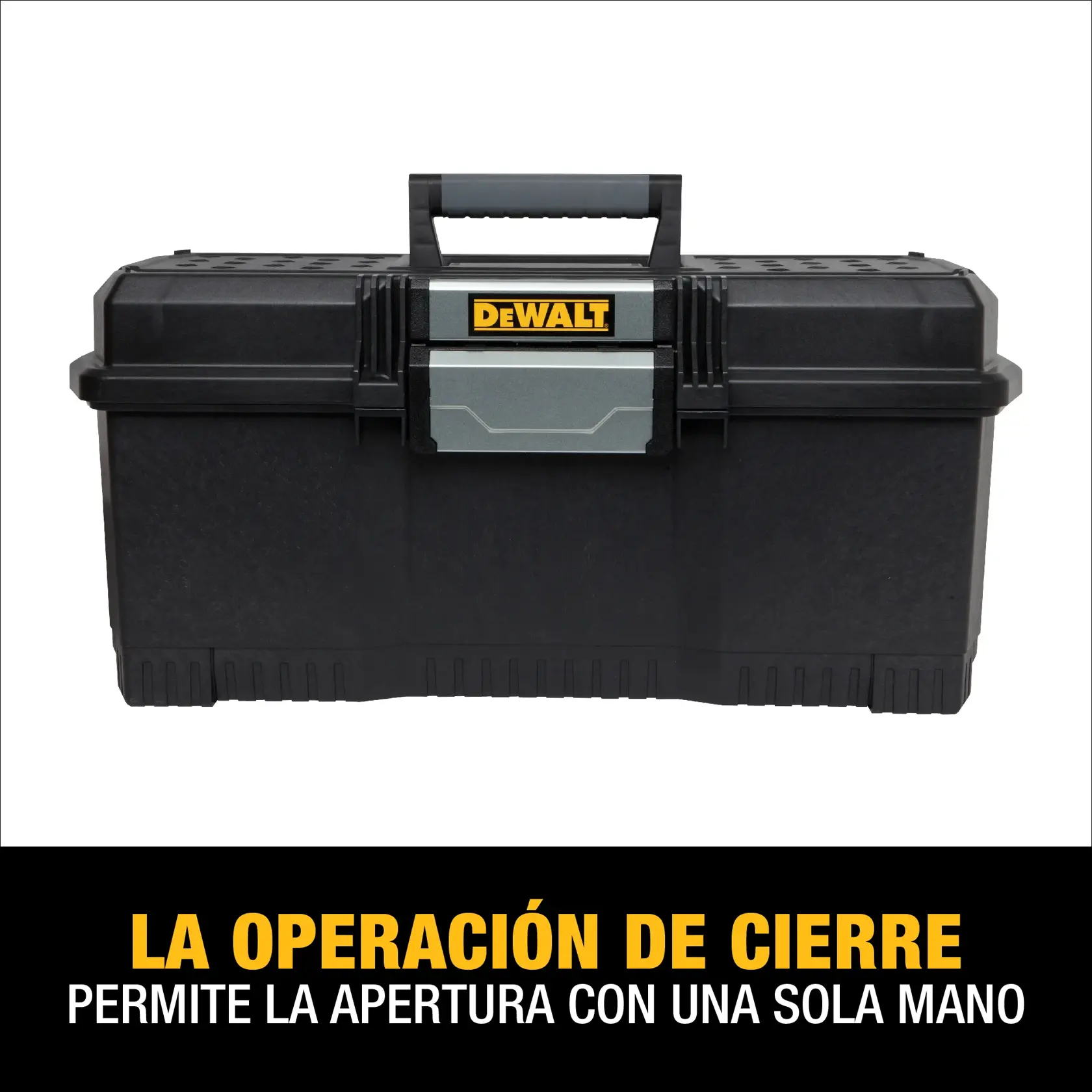 Una caja de herramientas DEWALT negra con cierre gris y manija superior. El texto debajo dice: 'La operación de cierre permite la apertura con una sola mano.'