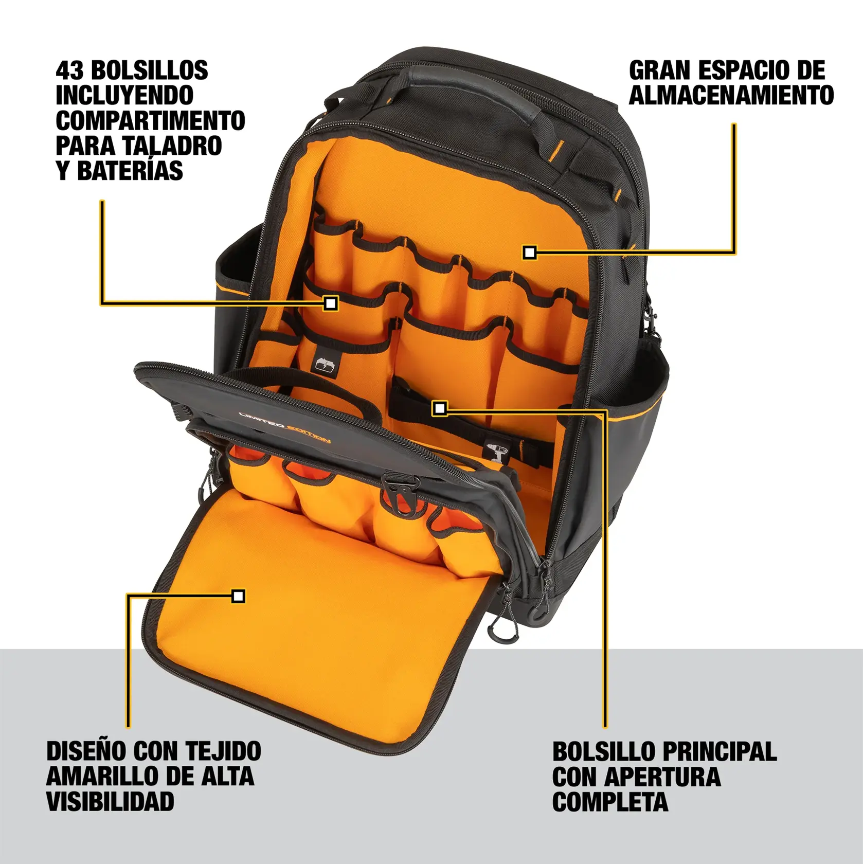 Mochila DEWALT con 43 bolsillos, gran espacio, apertura completa y tejido amarillo de alta visibilidad.