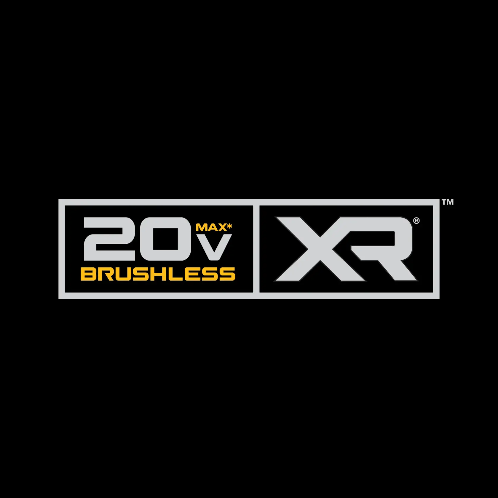 Logotipo gráfico con fondo negro que muestra '20V MAX* Brushless' en texto gris y amarillo, y 'XR' en letras grandes grises. El logotipo está asociado con herramientas eléctricas DEWALT.