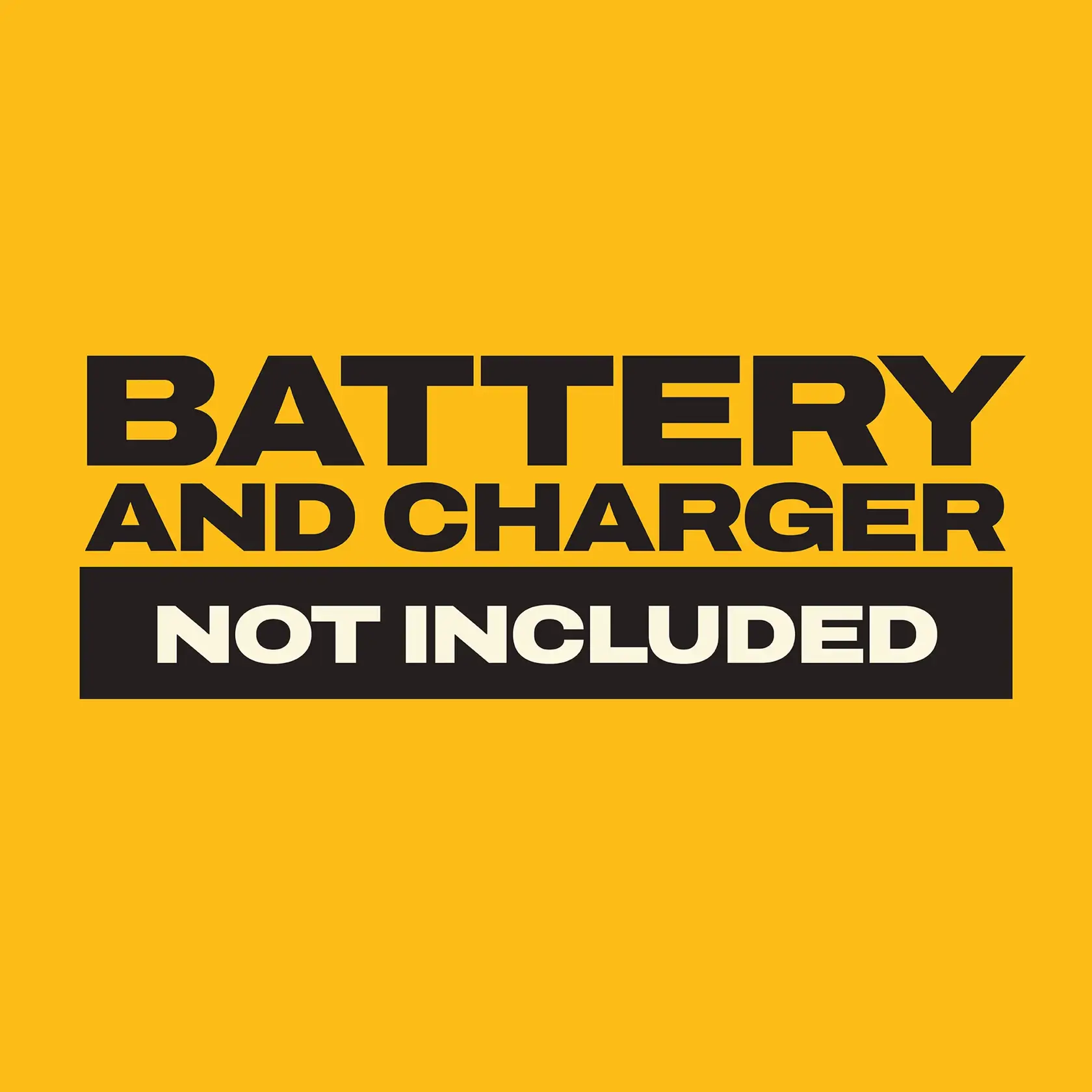 DEWALT graphics SKU, fondo amarillo, texto negro que indica batería y cargador no incluidos.