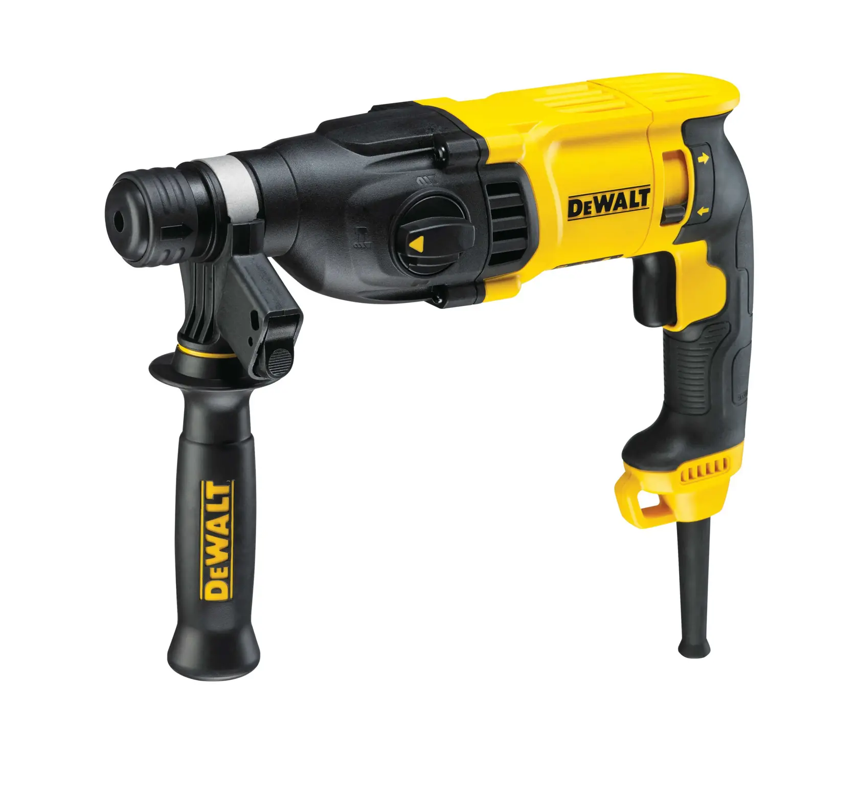 Un taladro percutor rotativo con cable DEWALT amarillo y negro con un mango ergonómico y empuñadura lateral auxiliar, mostrado sobre fondo blanco.