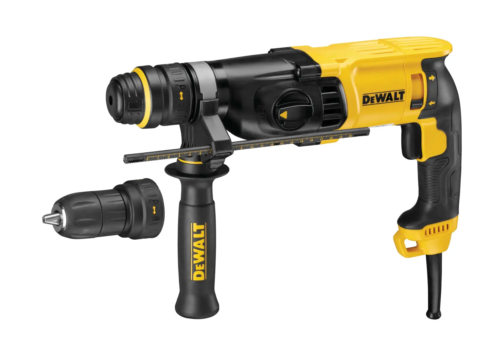 Un martillo rotativo DEWALT amarillo y negro con mango lateral, varilla de profundidad y portabrocas intercambiable.