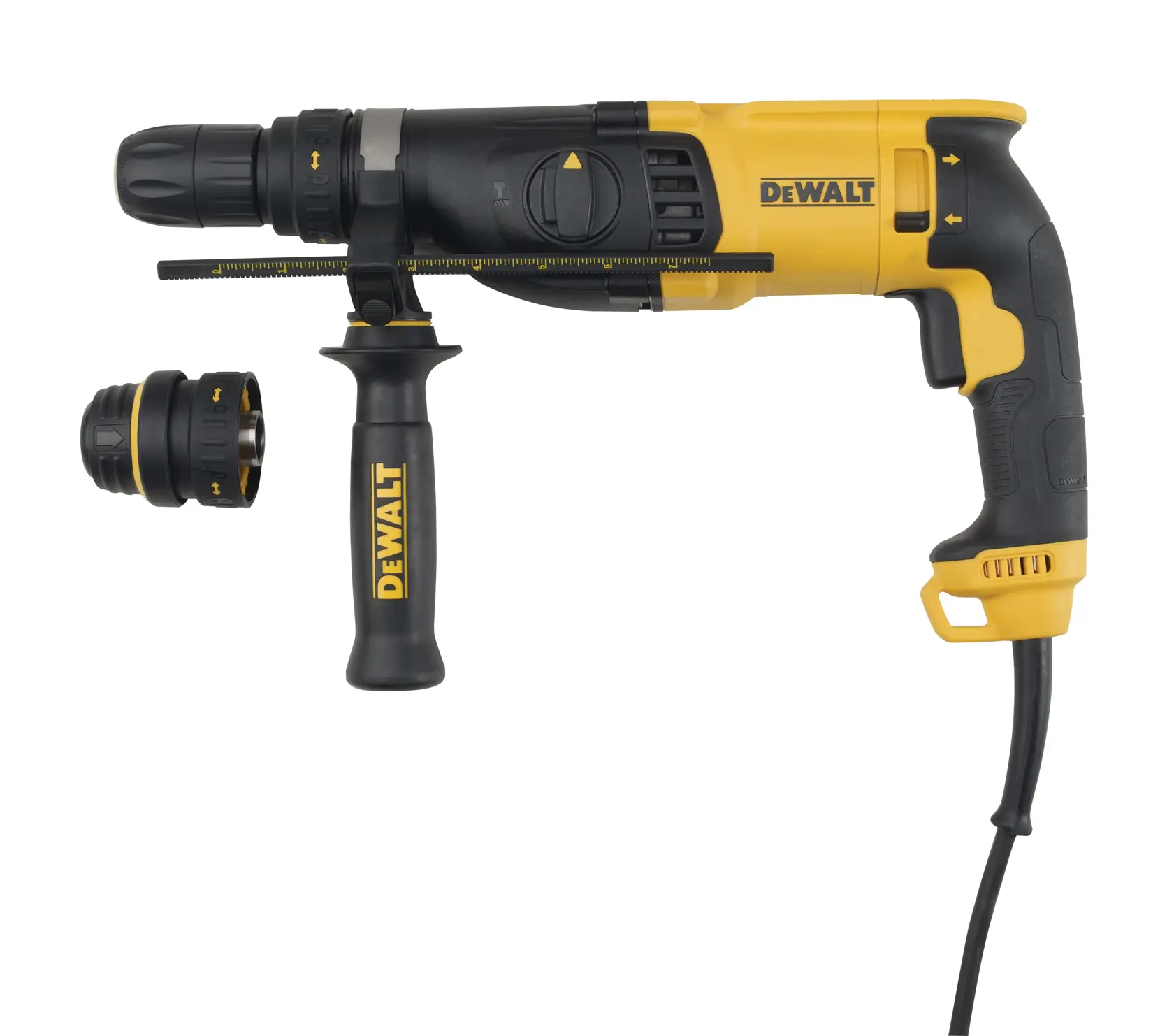 Taladro percutor con cable DEWALT amarillo y negro con empuñadura lateral y tope de profundidad, mostrado junto con un accesorio de portabrocas intercambiable adicional.