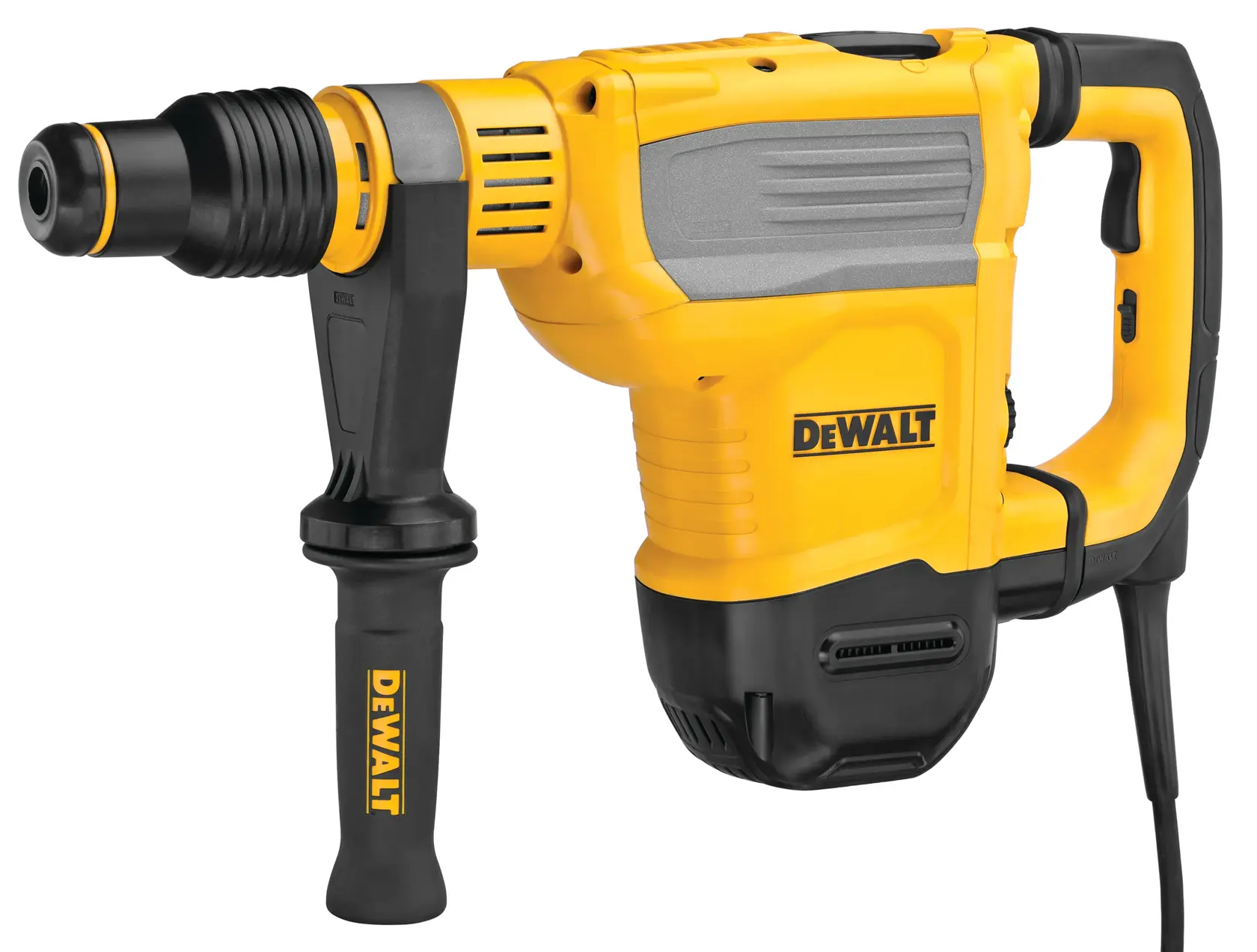 Un taladro eléctrico rotativo DEWALT con cuerpo amarillo y negro, mango ergonómico y agarre lateral, diseñado para trabajos de construcción de alta exigencia.