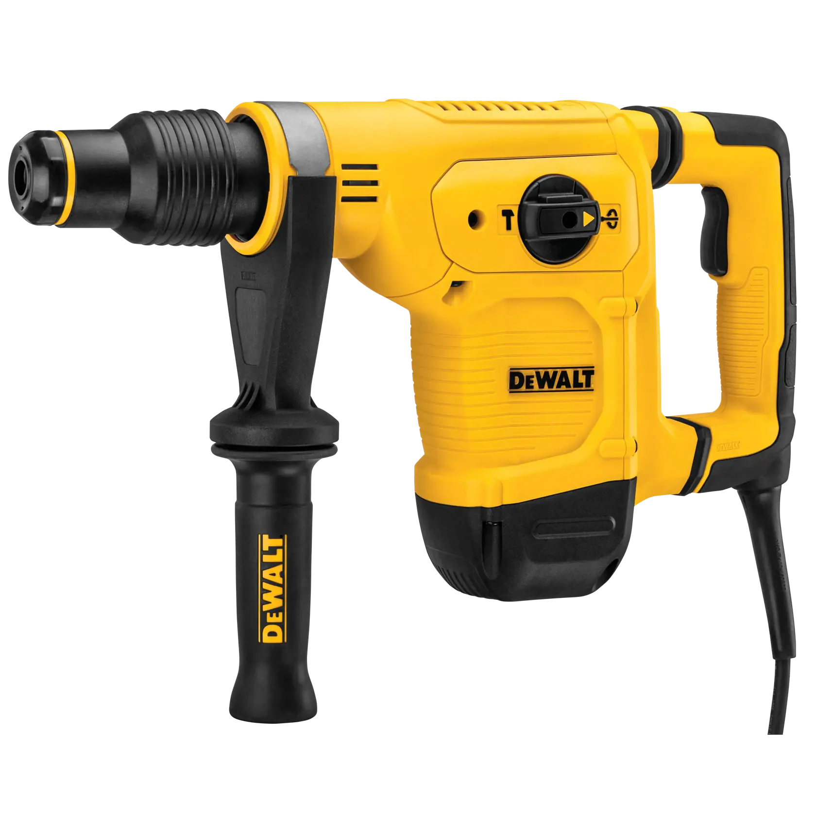 Un taladro rotatorio eléctrico DEWALT amarillo y negro con mango lateral y cable, diseñado para trabajos de alta exigencia.