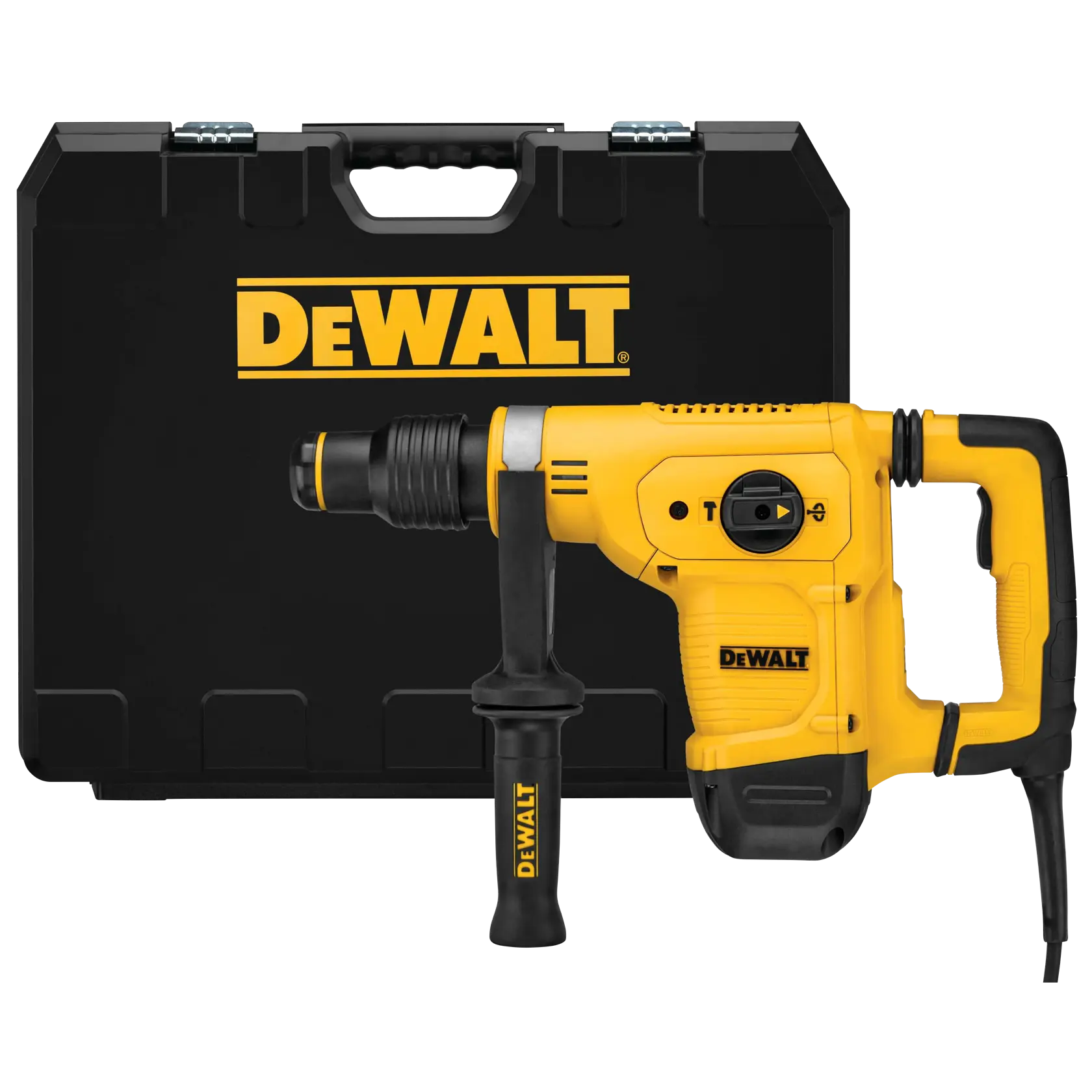 Martillo rotativo con cable DEWALT amarillo y negro con asa lateral, mostrado sobre fondo blanco.