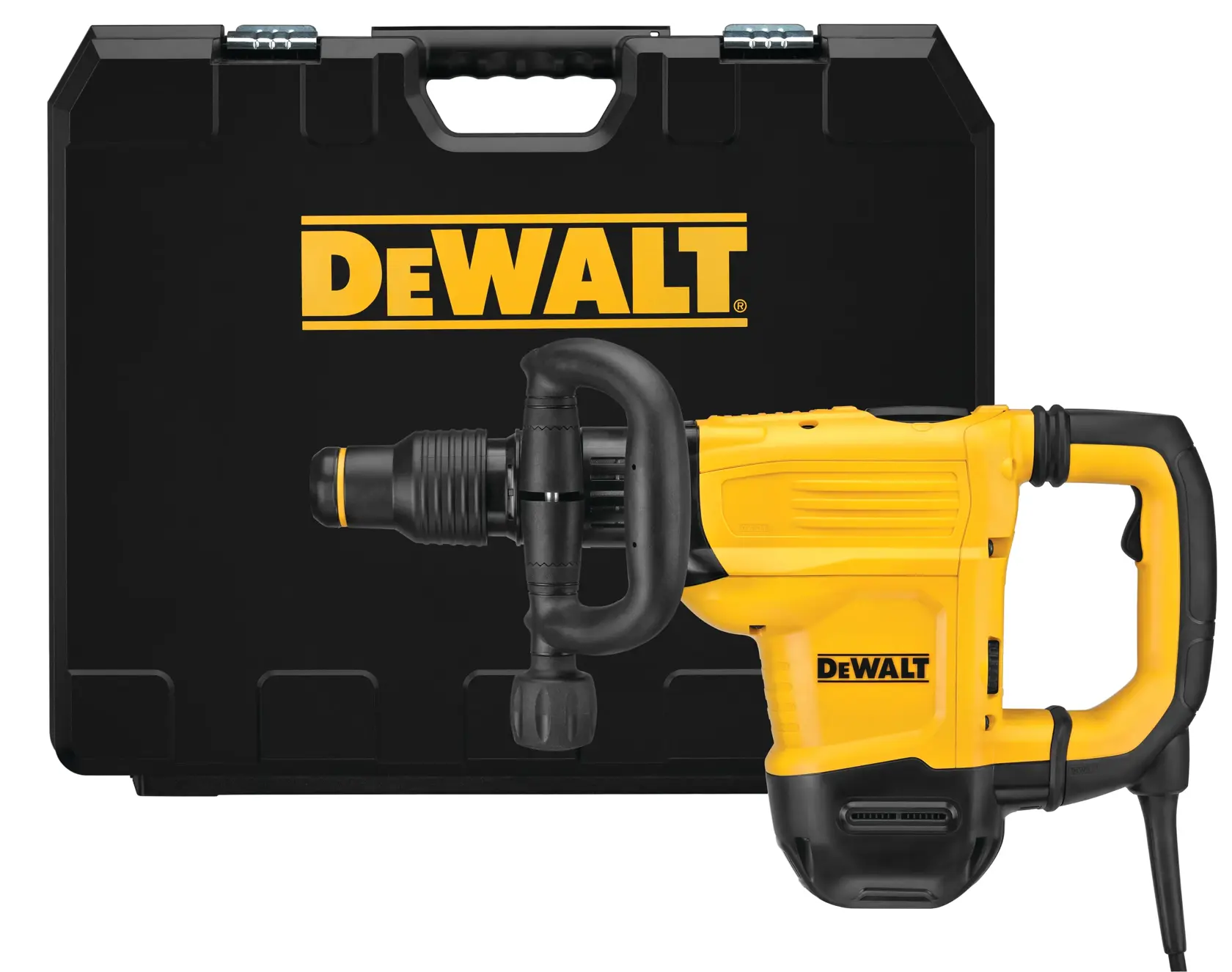 Un martillo demoledor DEWALT amarillo y negro con asa lateral, mostrado sobre un fondo blanco.