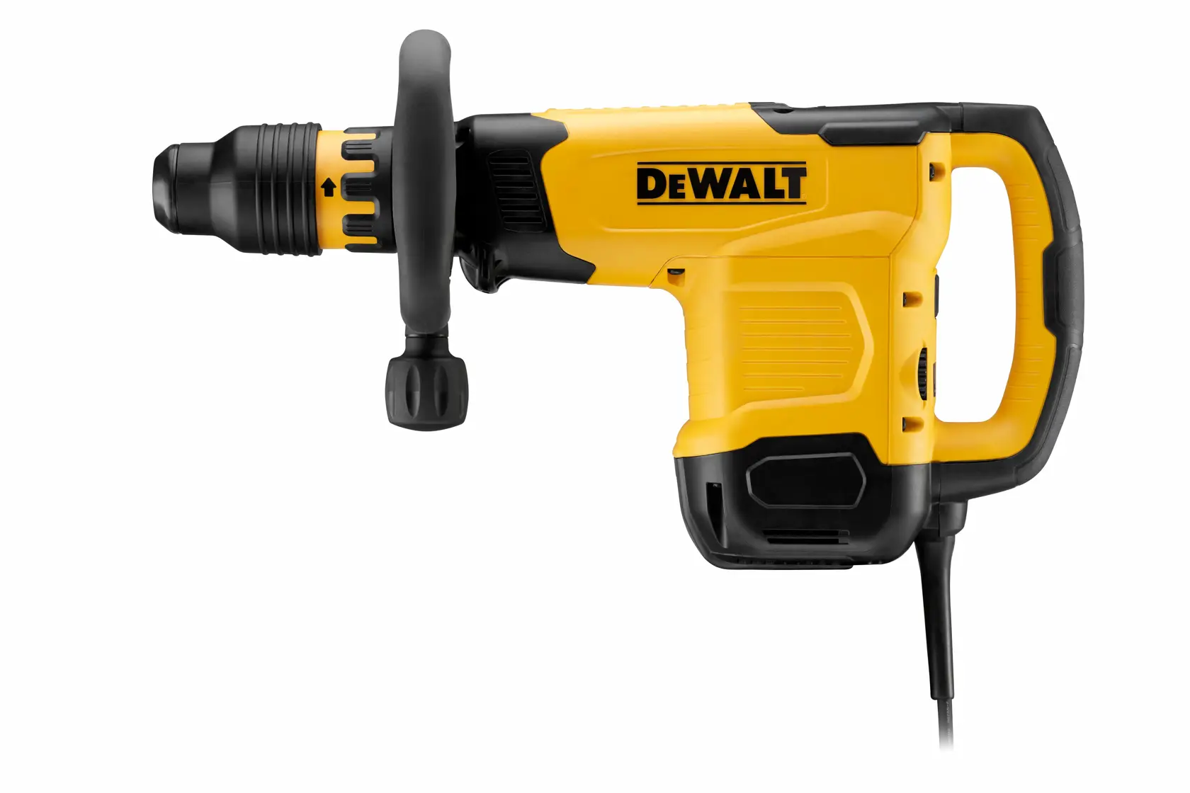 Martillo demoledor DEWALT amarillo con cable y mango lateral, sobre fondo blanco.