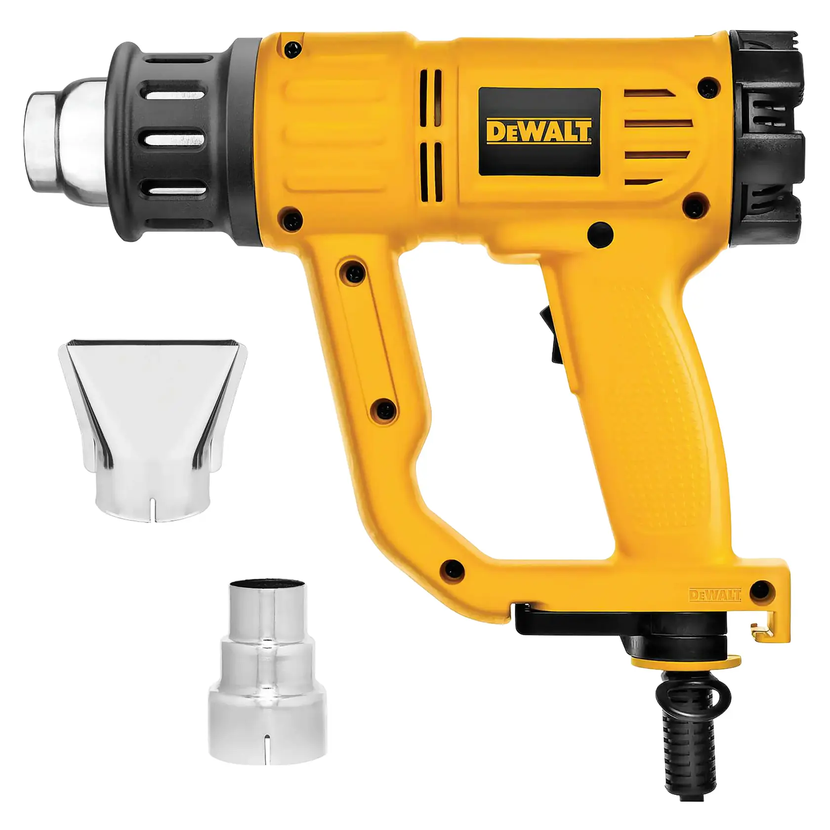 Una pistola de calor DEWALT amarilla con mango y boquilla negros, mostrada con dos boquillas intercambiables plateadas a un lado.