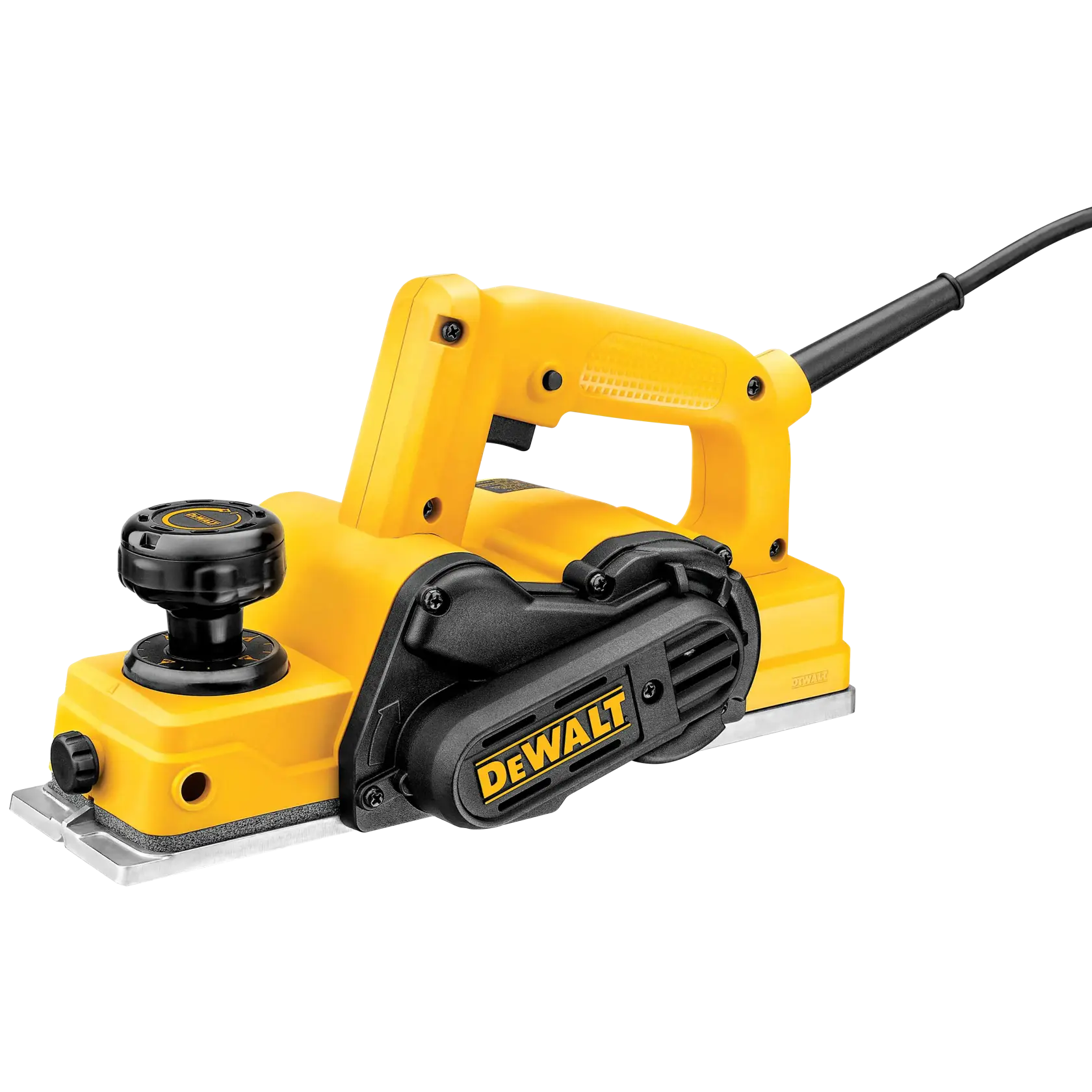 Cepillo eléctrico manual DEWALT amarillo y negro con perilla delantera ajustable, mango ergonómico y cable de alimentación, fotografiado sobre fondo blanco.
