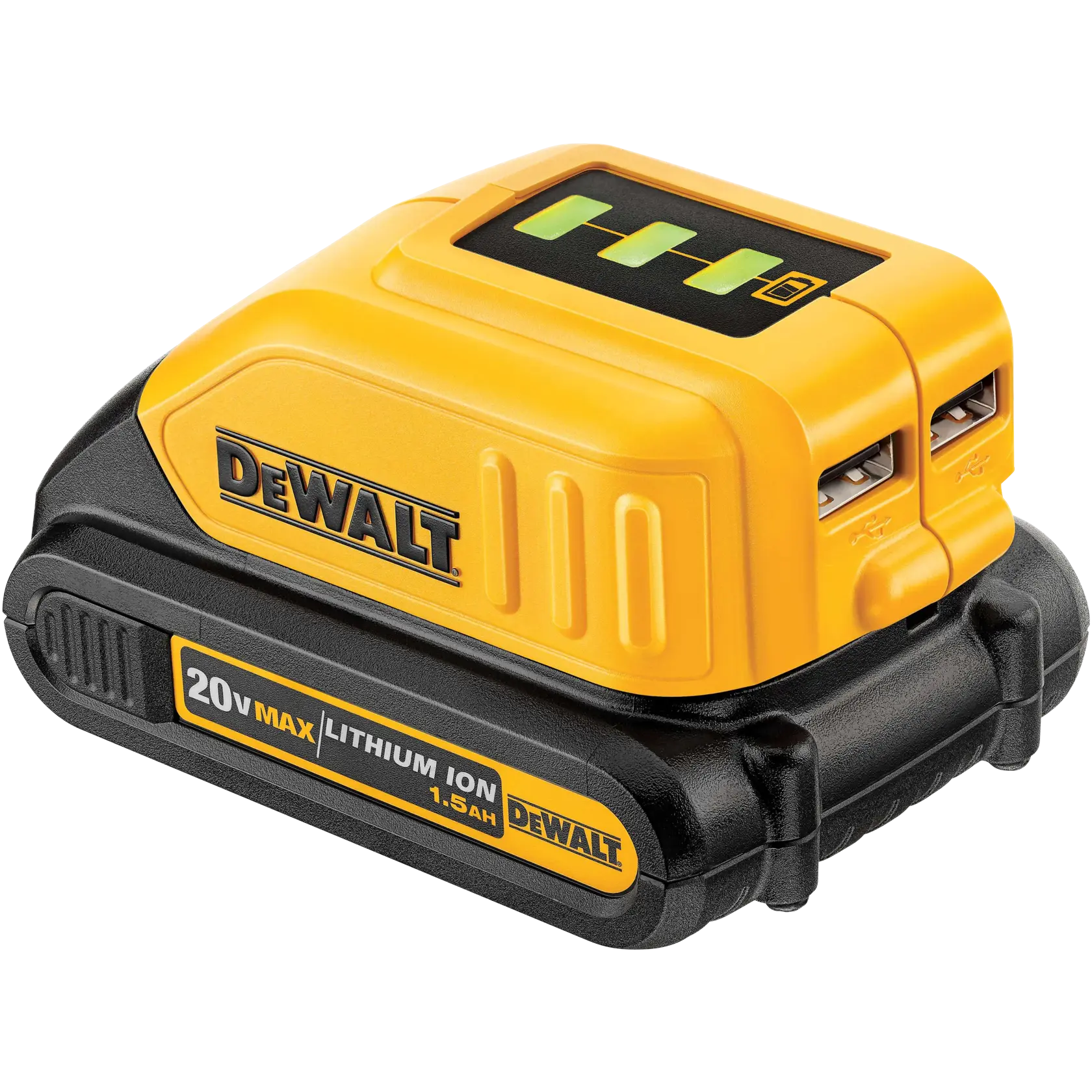Un accesorio de batería DEWALT 20V Max de ion de litio 1.5Ah con puertos de carga USB y luces indicadoras LED, diseñado para usar con herramientas eléctricas y cargar dispositivos portátiles.