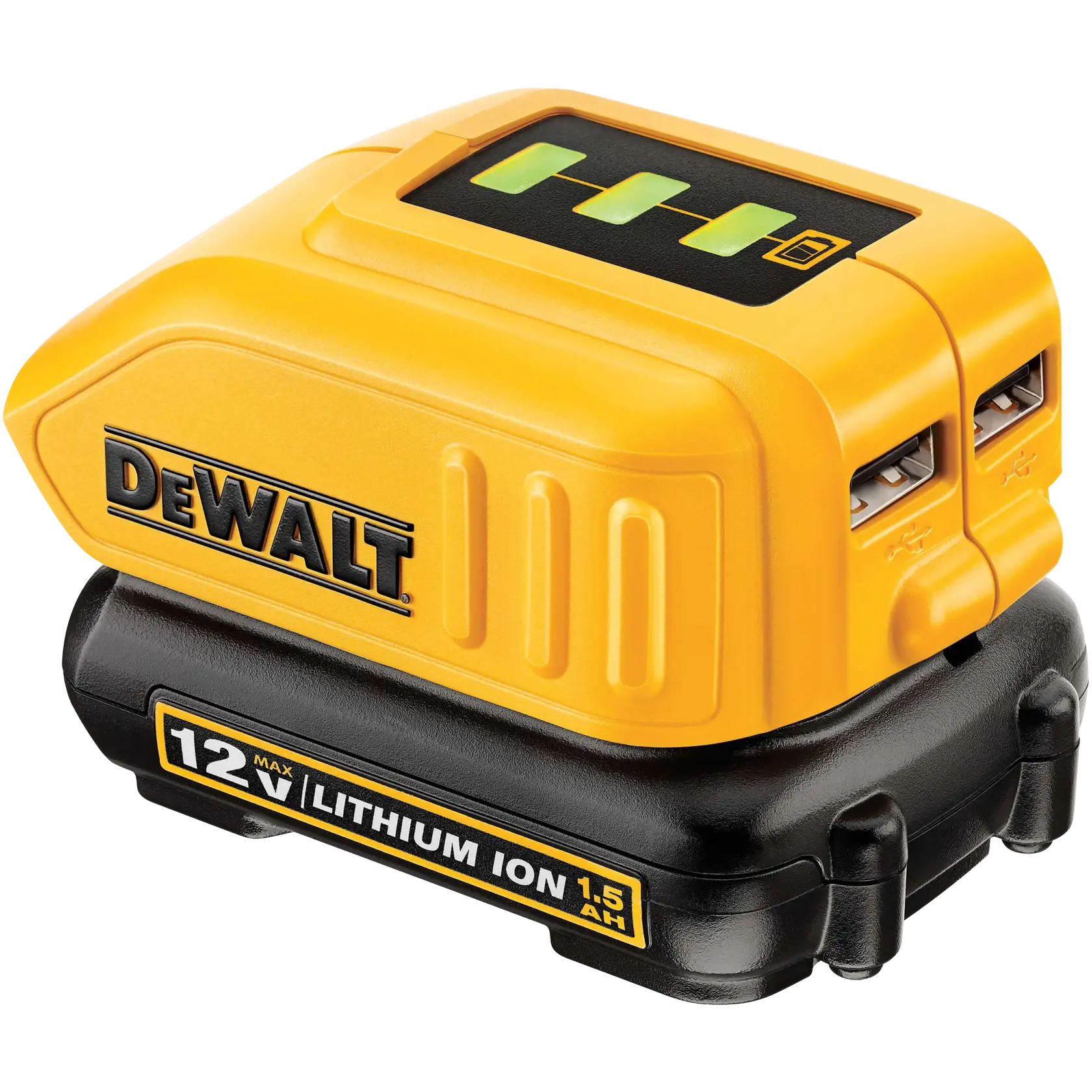 Una batería DEWALT 12V MAX de ion de litio 1,5 Ah con carcasa amarilla y negra, dos puertos USB y un indicador LED en la parte superior.