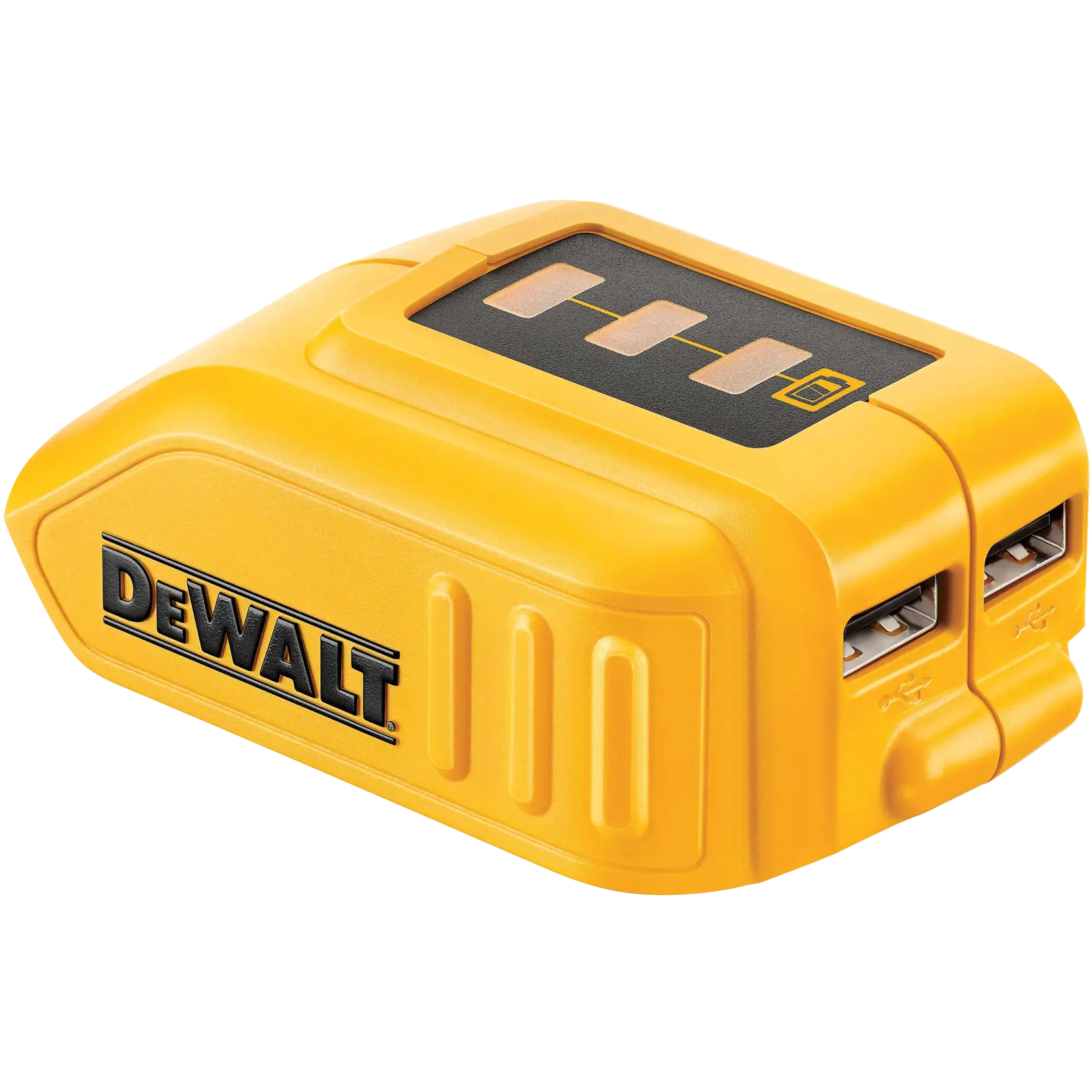Un adaptador de alimentación USB amarillo DEWALT con dos puertos USB, diseñado para cargar dispositivos. El adaptador es compacto y tiene el logotipo de DEWALT en el lateral.