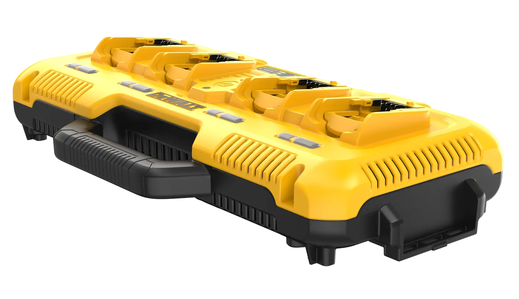 Un cargador de batería multipuerto DEWALT amarillo y negro con cuatro ranuras de carga y un asa para transportar, fotografiado sobre un fondo blanco.