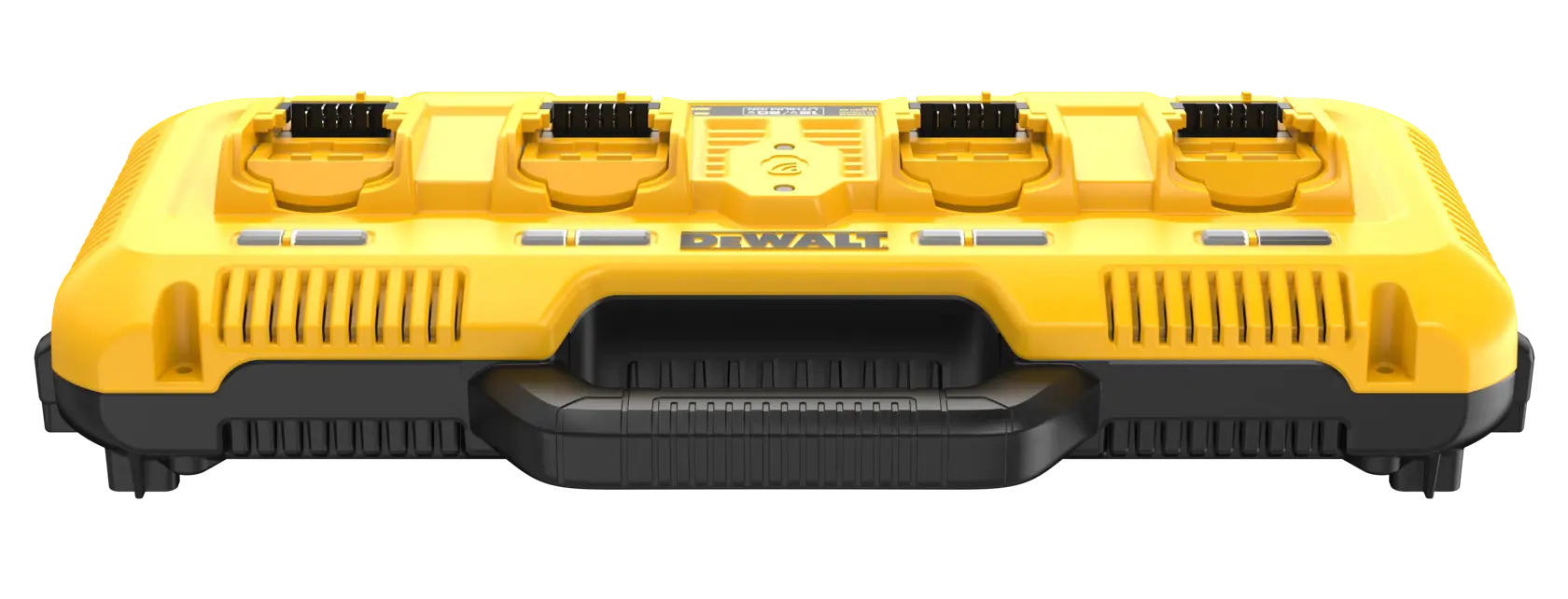 Vista frontal de un cargador de batería DEWALT DCB104 amarillo y negro de cuatro puertos con asa, diseñado para cargar varias baterías de herramientas eléctricas al mismo tiempo.