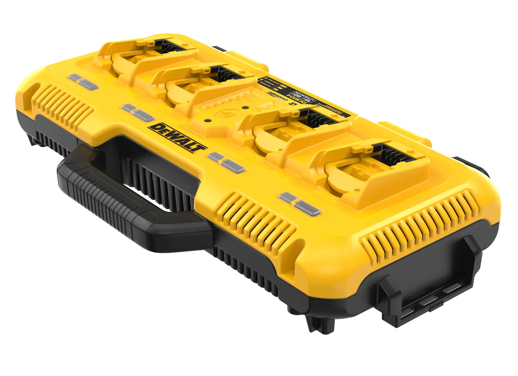 Un cargador de baterías portátil amarillo DEWALT DCB104 con cuatro ranuras de carga y un asa negra, diseñado para baterías de herramientas eléctricas.