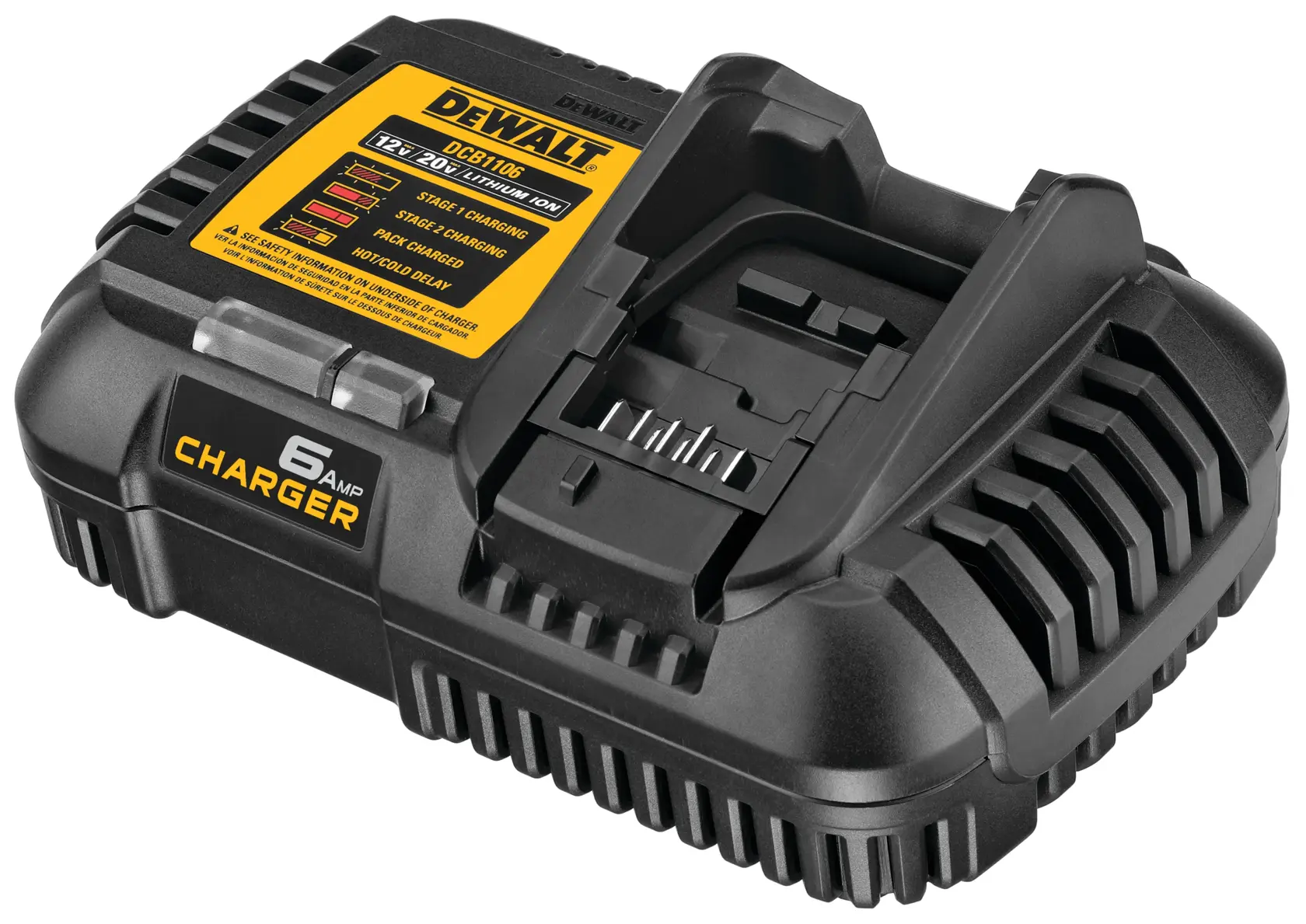 Cargador de batería DEWALT DCB1106 de 6 amperios, negro con etiqueta amarilla, diseñado para cargar baterías de iones de litio de 12V y 20V.