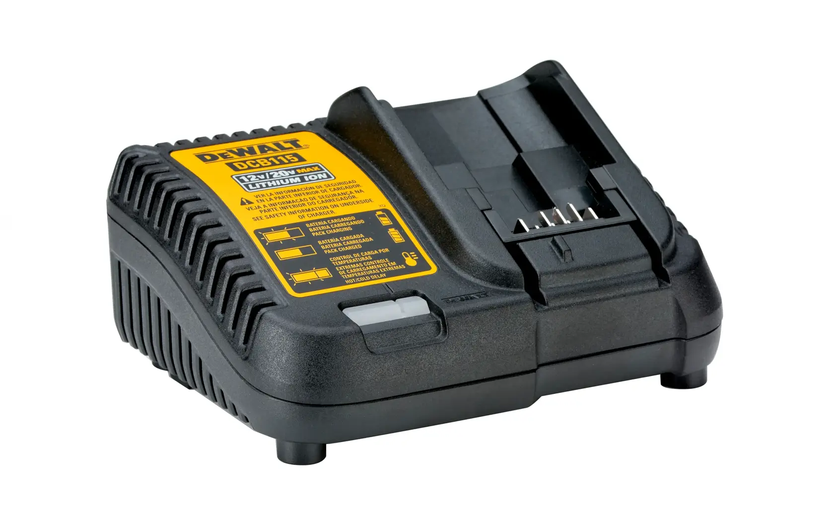 Un cargador de batería de ion de litio DEWALT DCB115 con cuerpo negro y etiqueta amarilla, mostrado sobre fondo blanco.