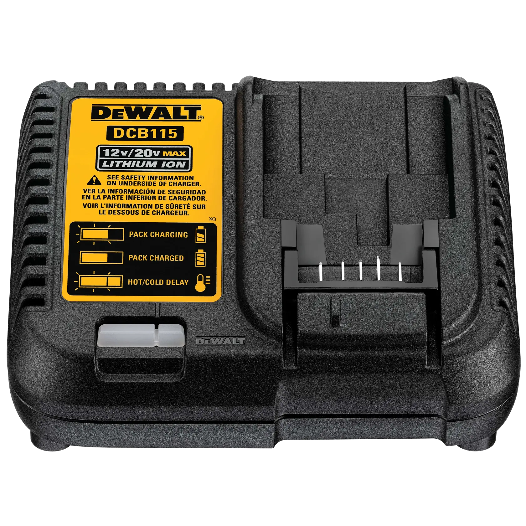 Un cargador de batería de iones de litio DEWALT DCB115 12V/20V MAX. El cargador es negro con una etiqueta amarilla que muestra el modelo e indicadores de carga. Está diseñado para cargar baterías de herramientas eléctricas DEWALT.
