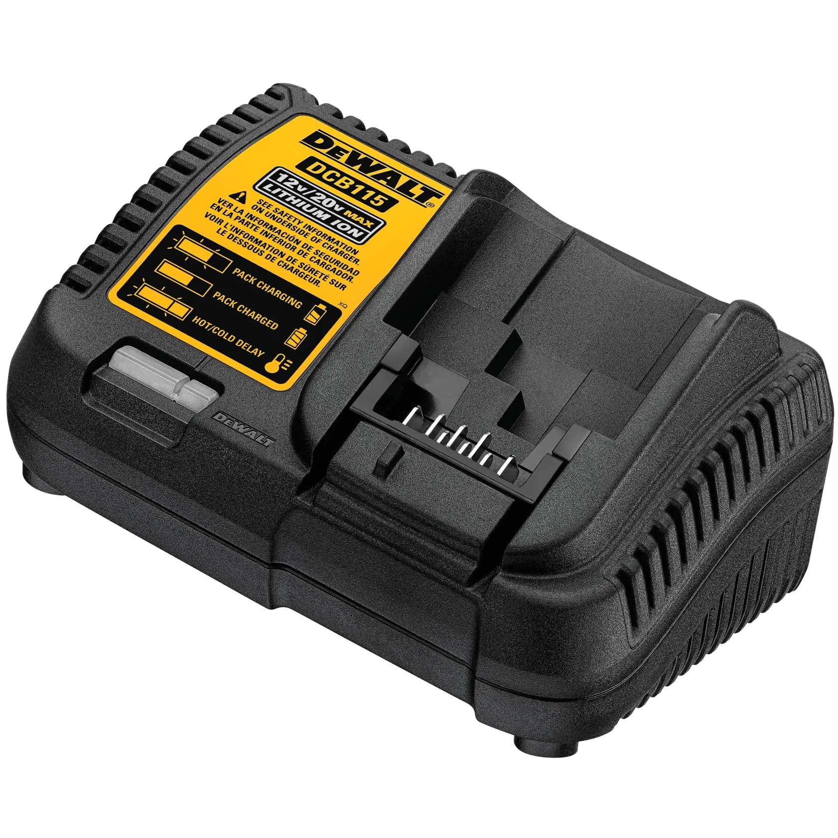 Un cargador de baterías de ion de litio DEWALT DCB115 para herramientas eléctricas, con diseño compacto de plástico negro y etiqueta amarilla de instrucciones.