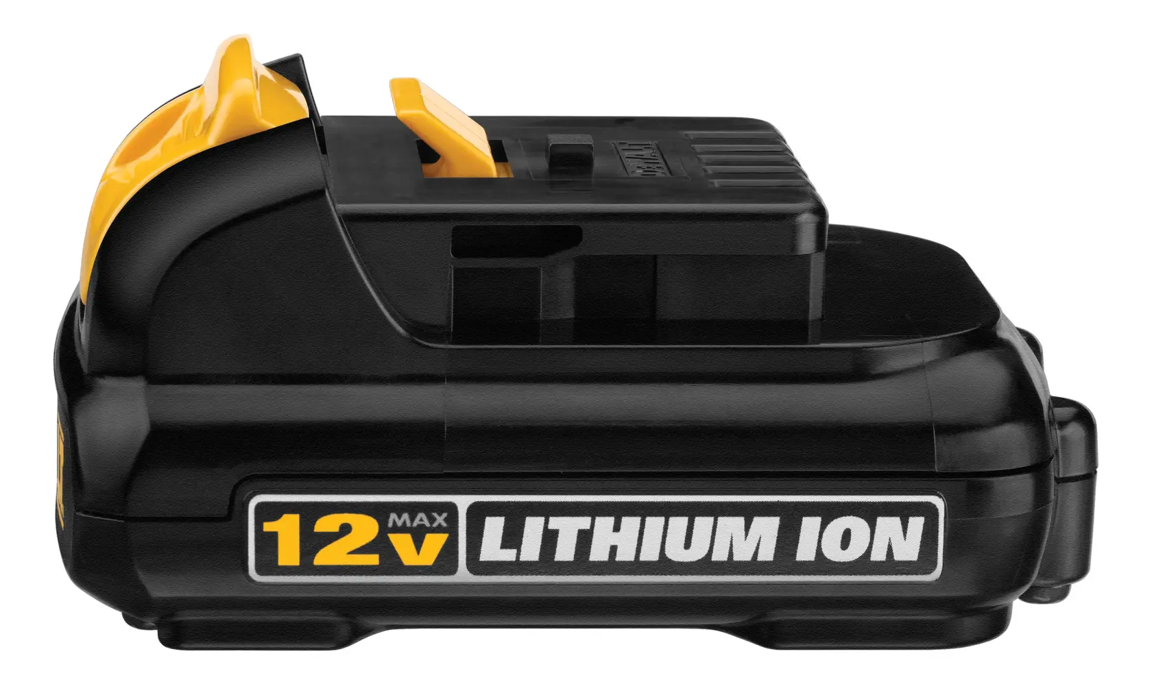 Batería DEWALT 12V de litio para fotografía, DCB120, DCB120-B2. Negra con detalles amarillos.