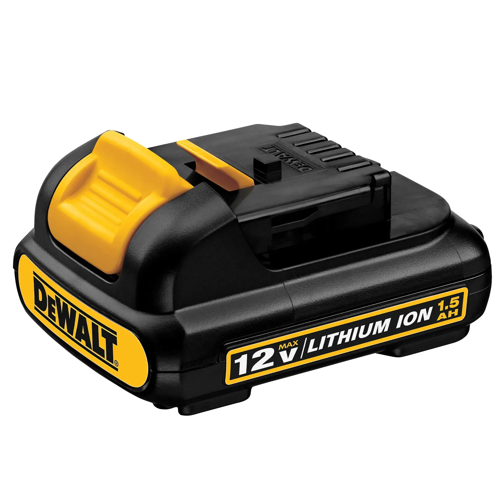 Una batería recargable DEWALT de 12V Max de ion de litio 1,5 Ah, de color negro con detalles amarillos. La batería está diseñada para herramientas eléctricas y cuenta con la marca DEWALT visible en el frente y el lateral.