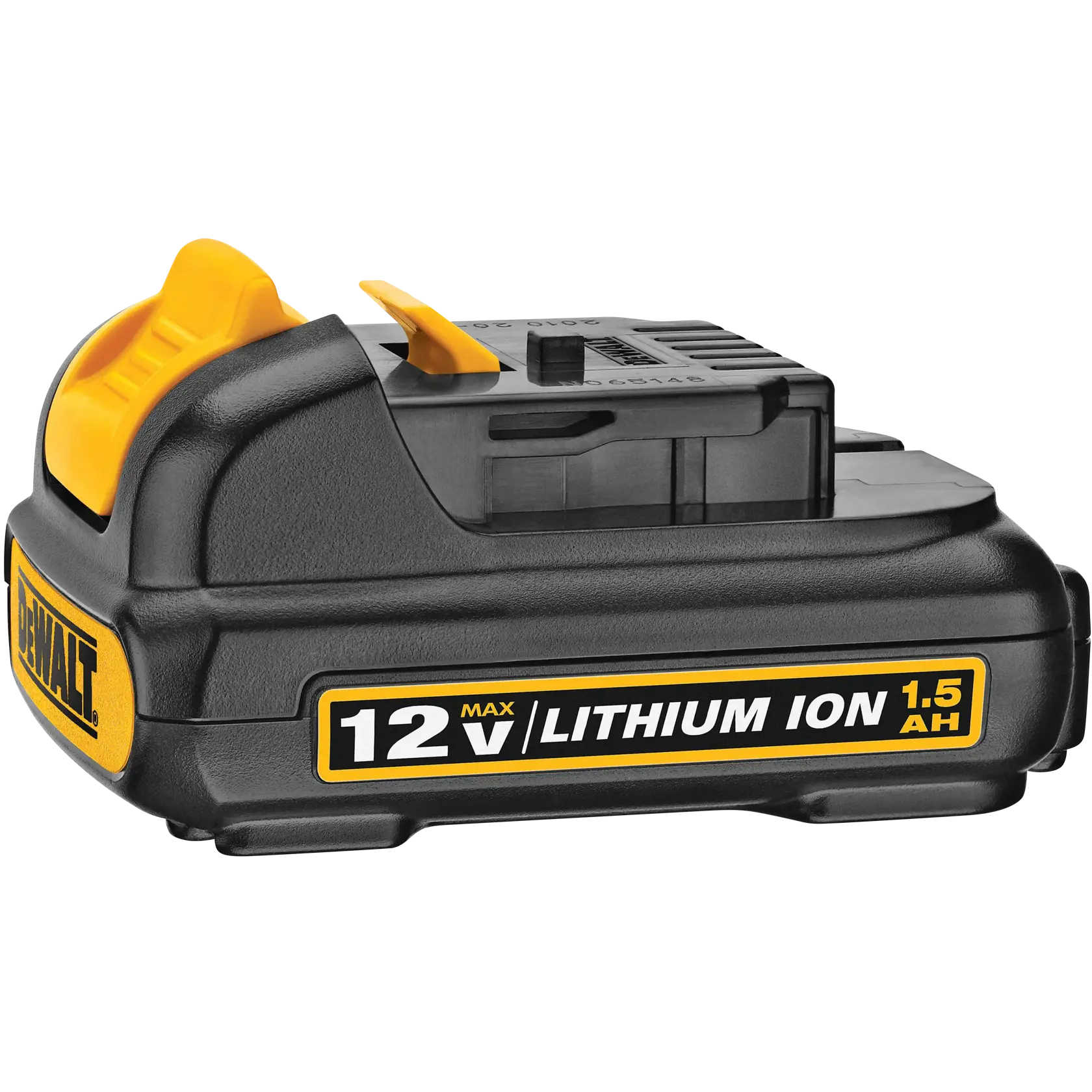 Un paquete de batería de iones de litio DEWALT 12V MAX 1.5Ah, negro con detalles amarillos, diseñado para herramientas eléctricas.