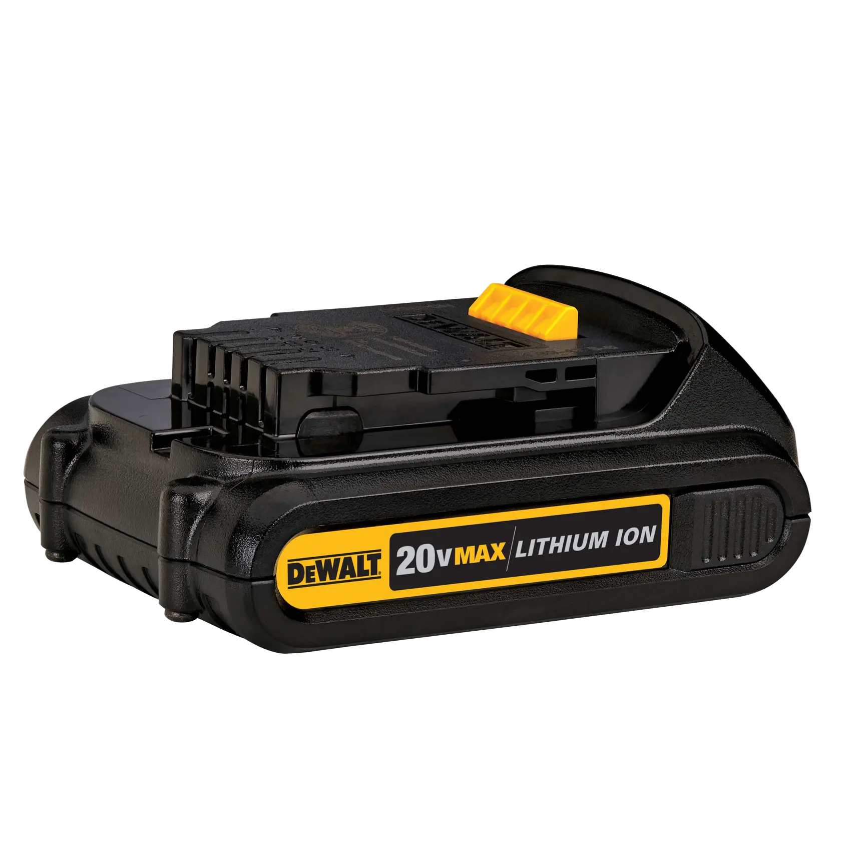 Un paquete de batería de ion de litio DEWALT 20V MAX, negro con etiquetas amarillas y blancas, diseñado para herramientas eléctricas portátiles.