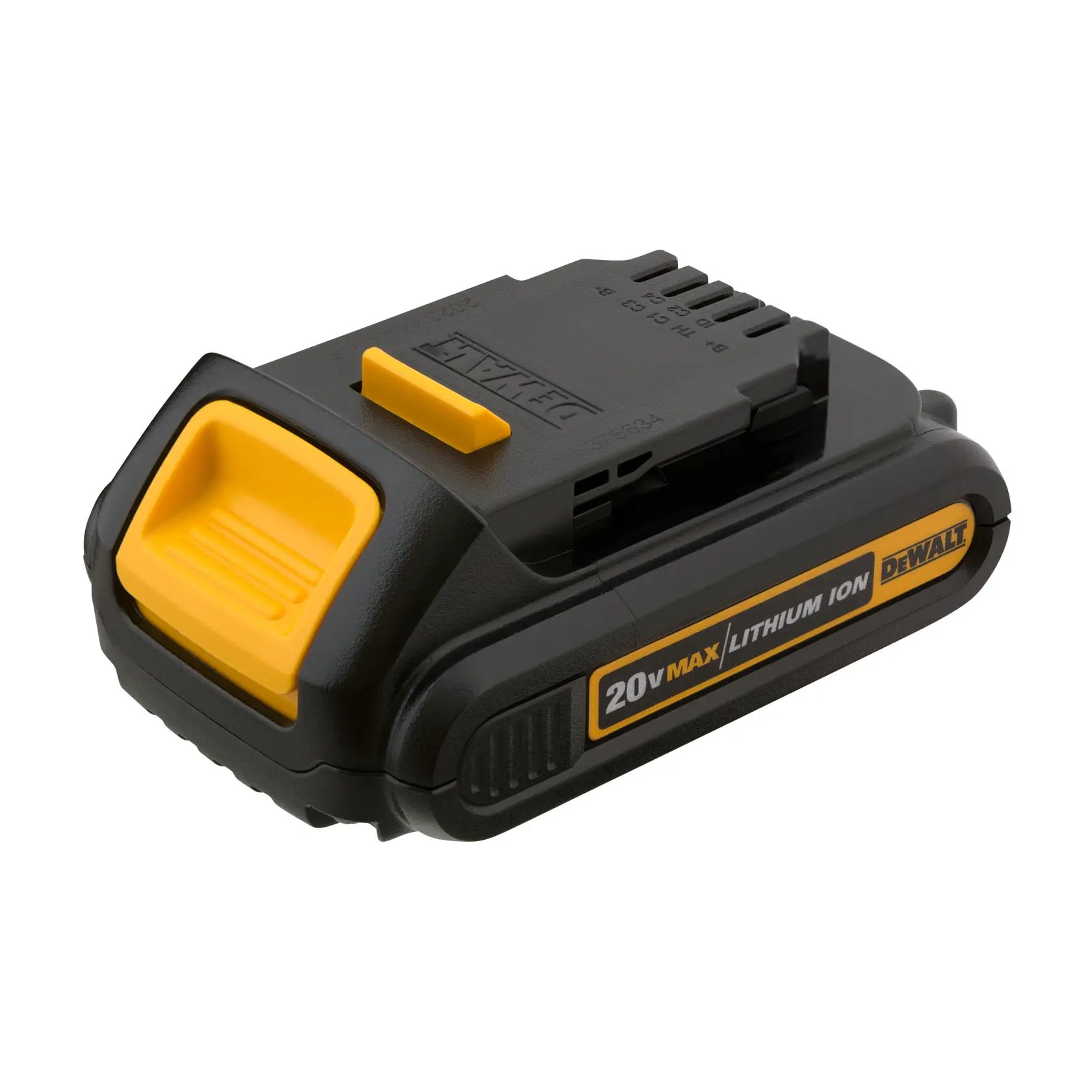 Batería de iones de litio DEWALT 20V MAX, modelo DCB201. La batería compacta en negro y amarillo tiene el logotipo de DEWALT y las especificaciones en el lateral.