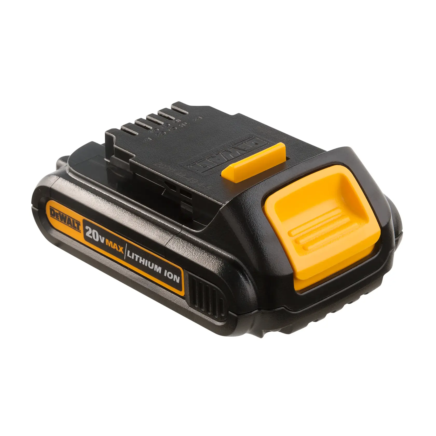 Batería recargable de ion de litio DEWALT 20V MAX para herramientas eléctricas. La batería compacta negra y amarilla tiene la etiqueta de la marca DEWALT en el lateral.