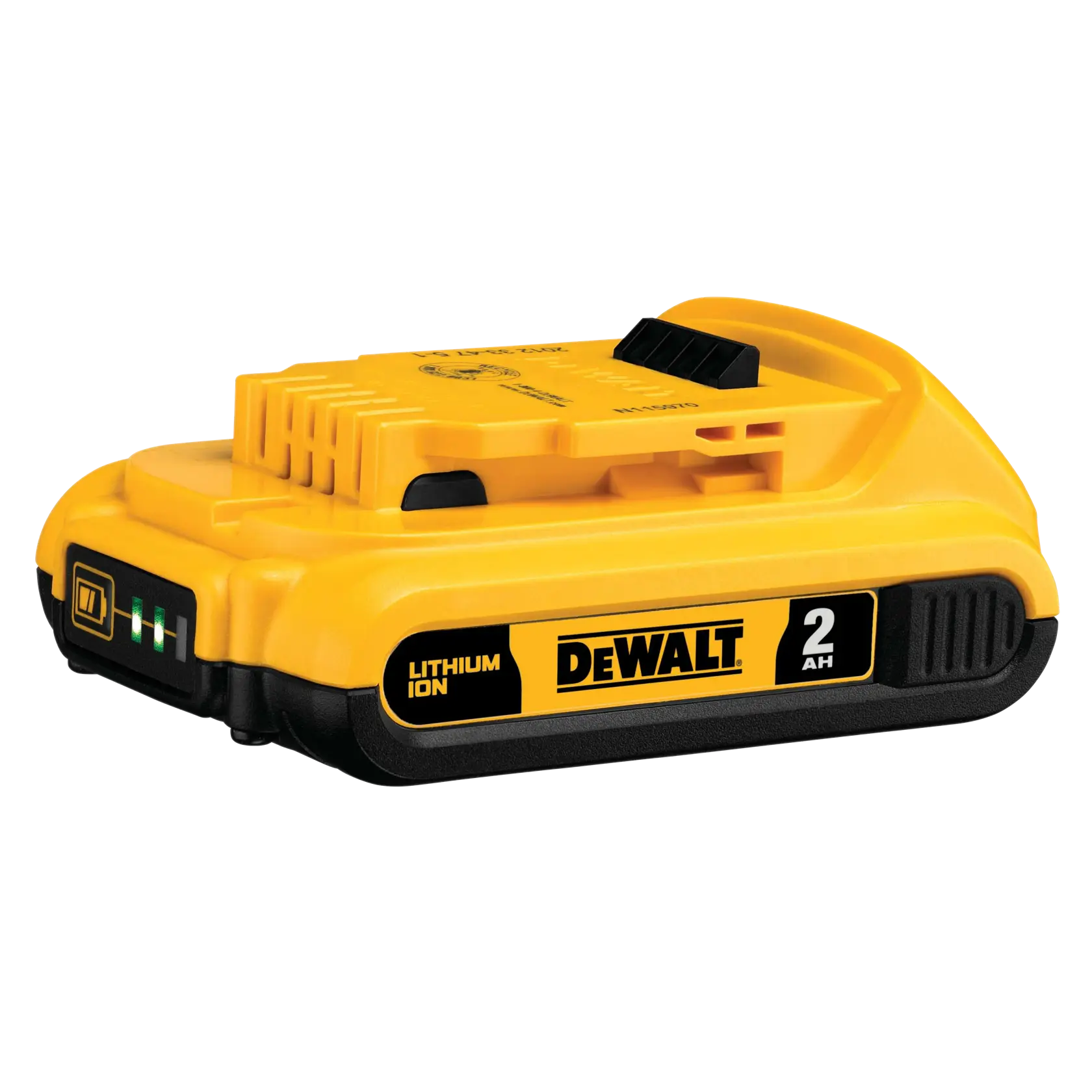 Batería DEWALT 2Ah de litio-ion, amarilla y negra, vista lateral con LEDs.