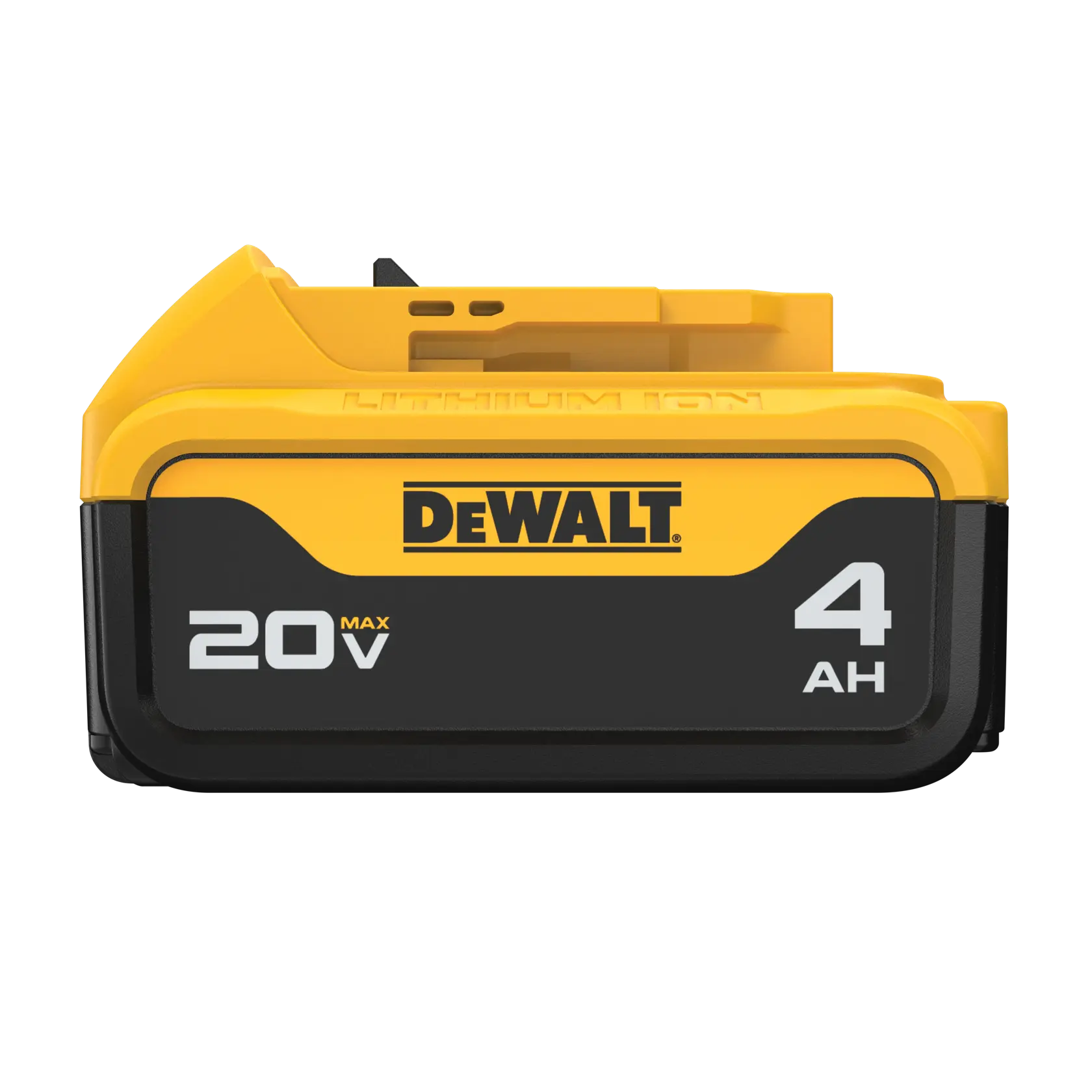 Una batería de litio-ion DEWALT 20V Max con capacidad de 4 amperios-hora (AH), con una carcasa amarilla y negra.