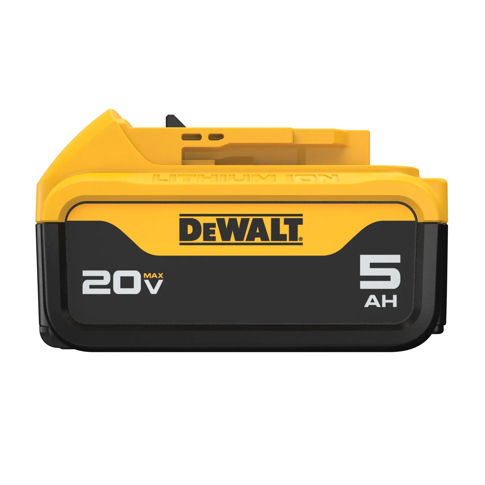 Vista frontal de una batería de ion de litio DEWALT 20V MAX 5Ah, de color principalmente amarillo y negro, con el logotipo DEWALT.