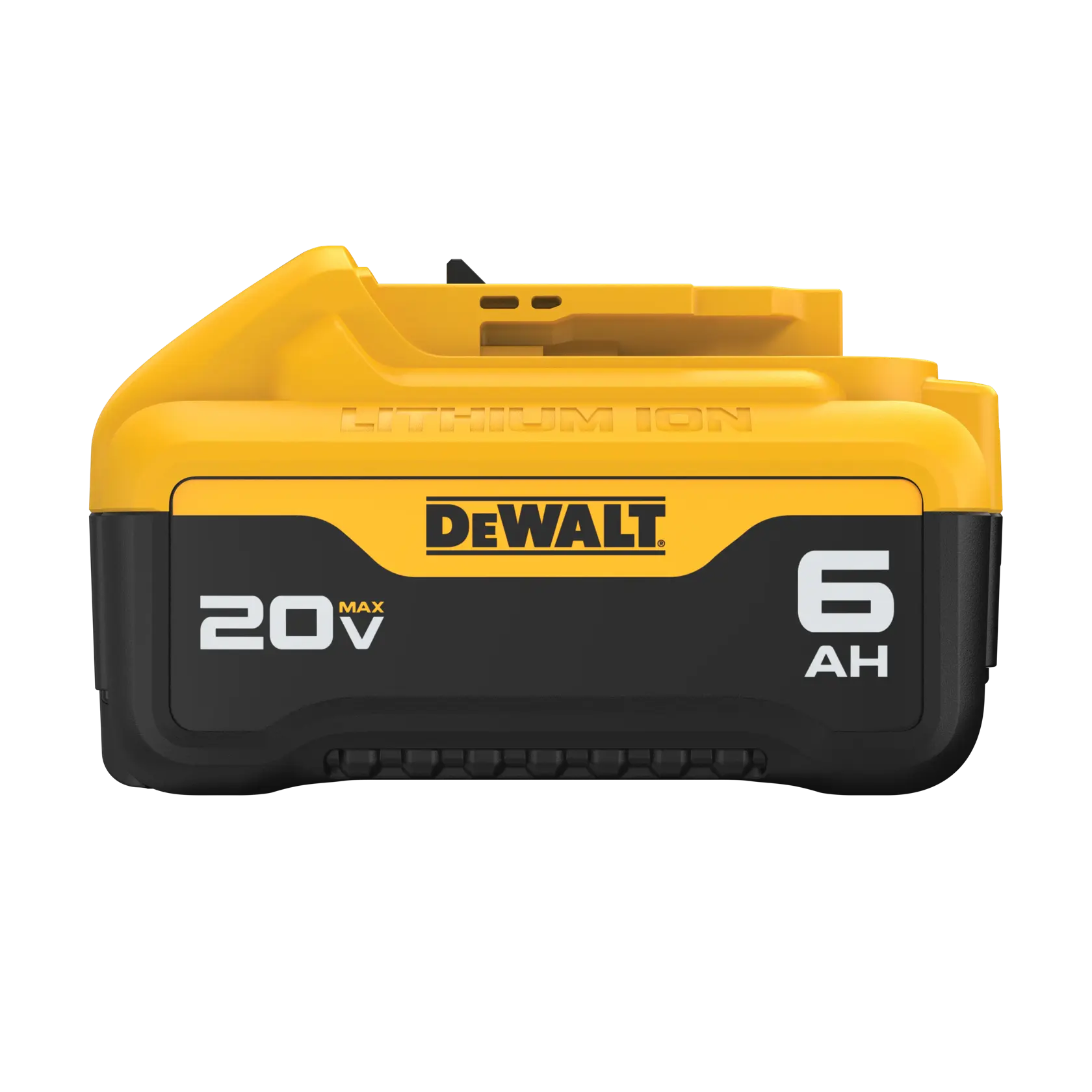 Una batería de ion de litio DEWALT 20V Max con una capacidad de 6 amperios-hora, mostrada en colores amarillo y negro.