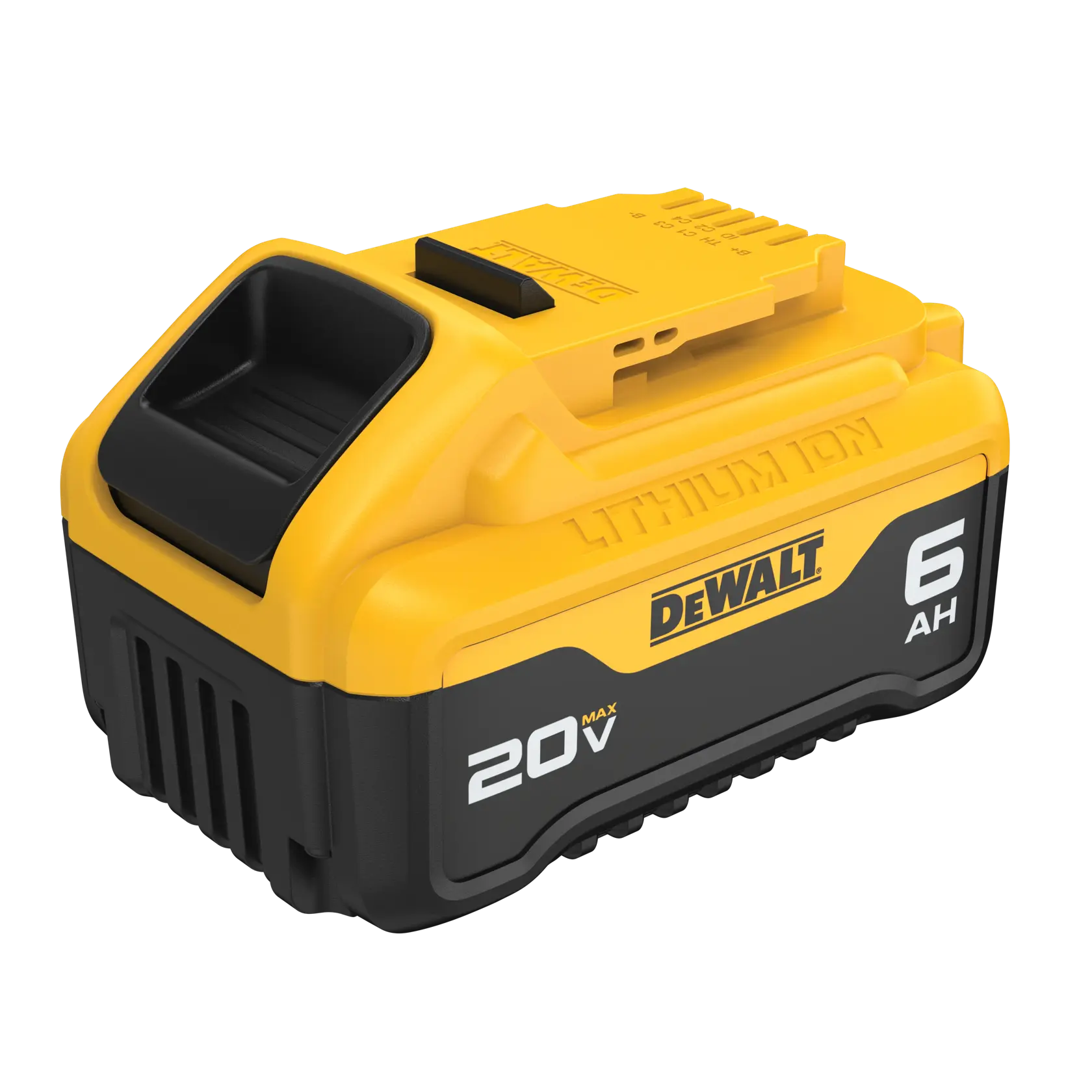 Una batería de iones de litio DEWALT 20V MAX con capacidad de 6 amperios-hora, diseñada para herramientas eléctricas inalámbricas. La batería es amarilla y negra con la marca y especificaciones técnicas visibles.