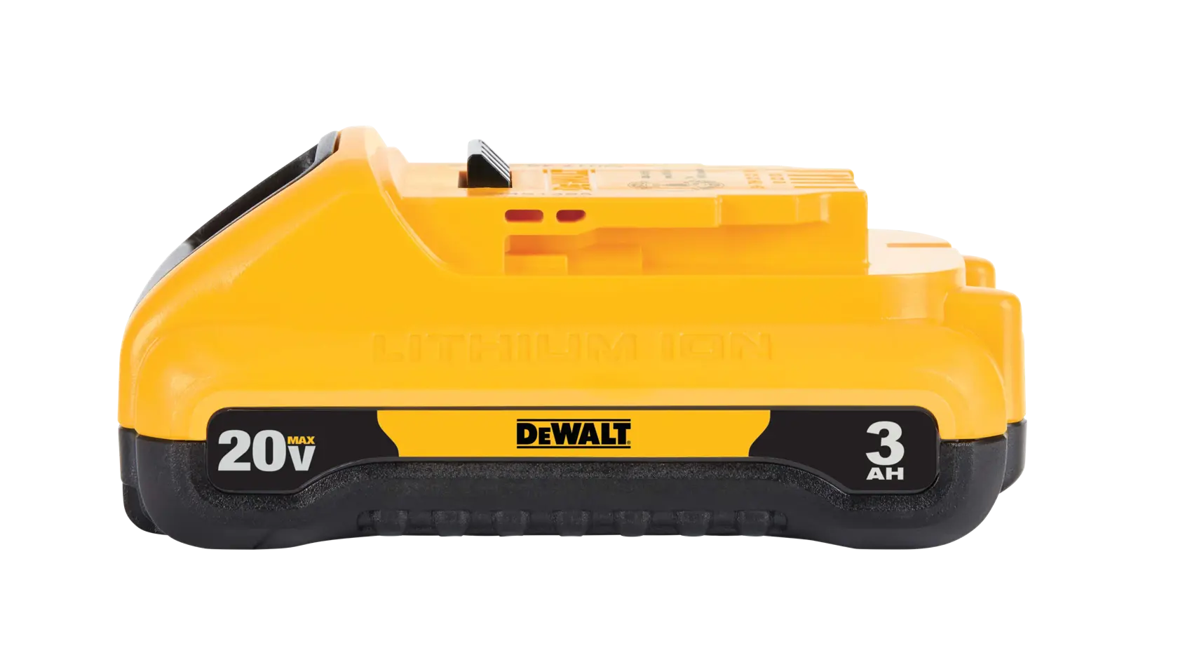 Una batería de ion de litio DEWALT 20V Max de color amarillo y negro con capacidad de 3 amperios-hora, mostrada de lado.