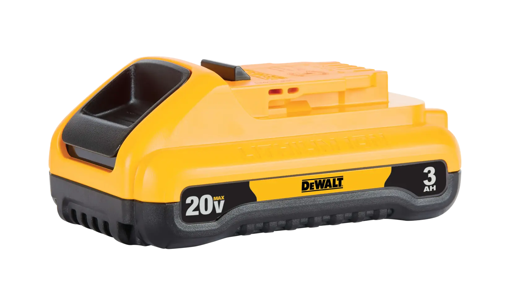 Una batería de litio DEWALT amarilla y negra de 20V con capacidad de 3 amperios-hora. La batería aparece aislada sobre un fondo blanco.